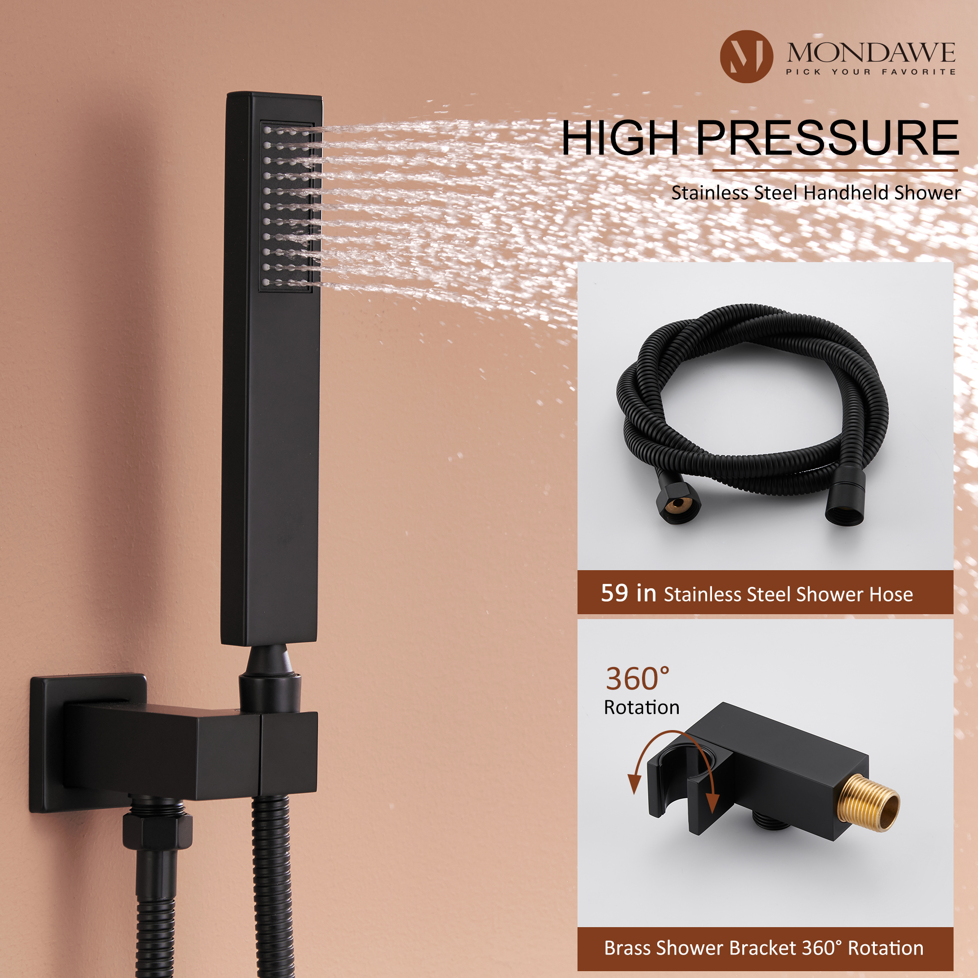 Mondawe Ceiling Mount Thermostatic Rainfall Shower System Set with Hand Held Shower Head and 6 Body Jets-Mondawe