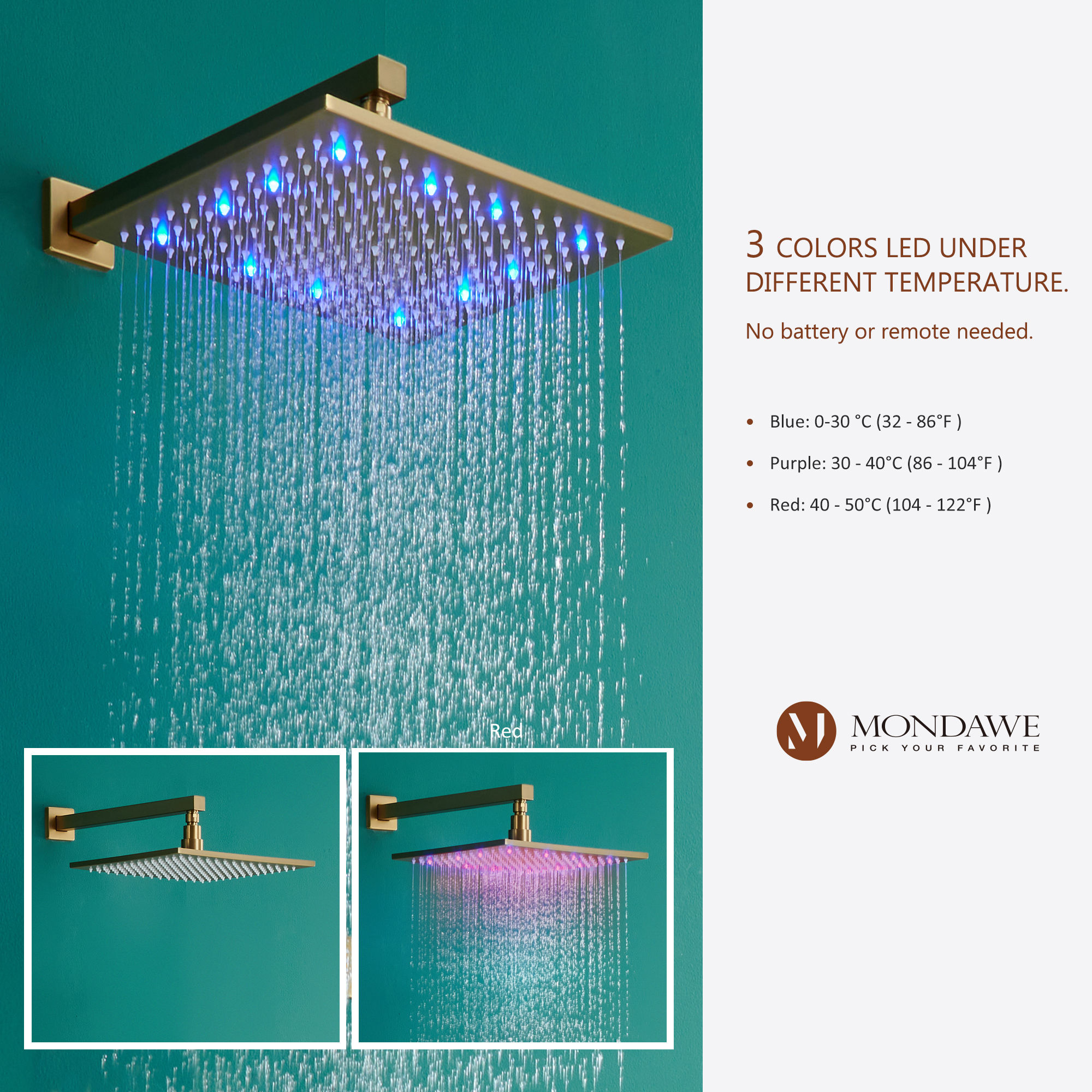 Mondawe Luxury Wall Mount Rain Shower Head with 6 Shower Jet and LED 3-Spray Patterns Thermostatic 12 in. -Mondawe