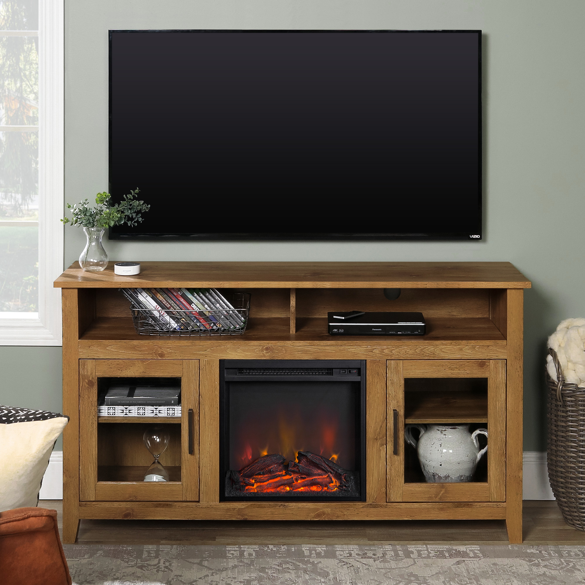 Classic Glass-Door Fireplace Tall TV Stand for TVs up to 65" - Barnwood 