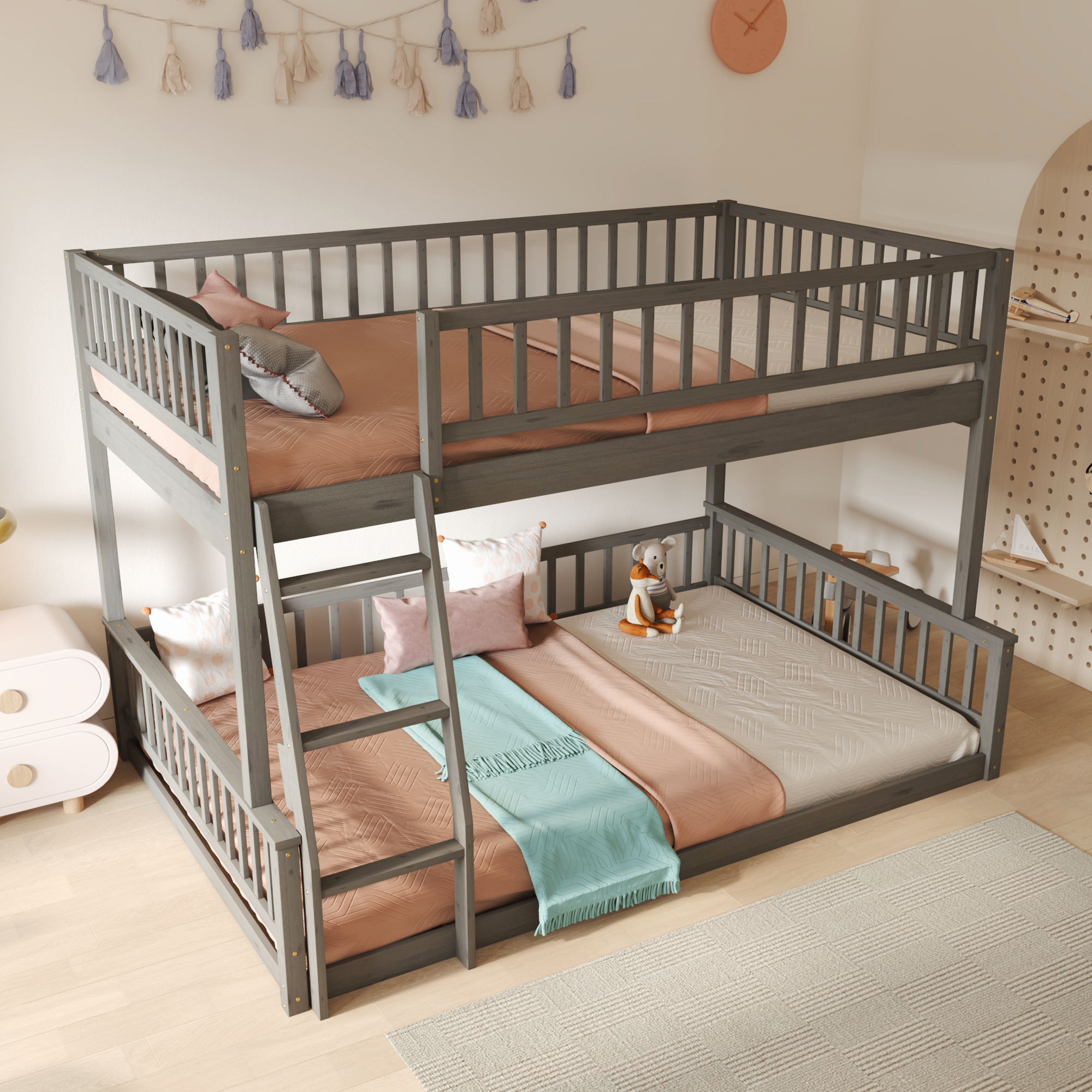 Full XL over Queen Bunk Bed with Ladder and Guardrails, Gray/Walnut