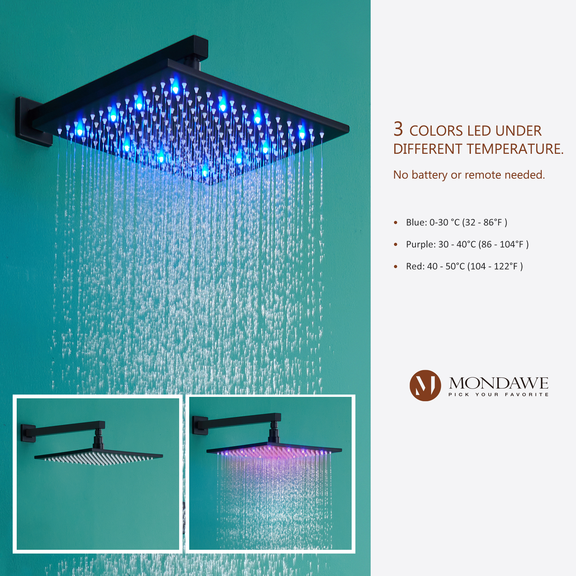 Mondawe Luxury Wall Mount Rain Shower Head with 6 Shower Jet and LED 3-Spray Patterns Thermostatic 12 in. -Mondawe