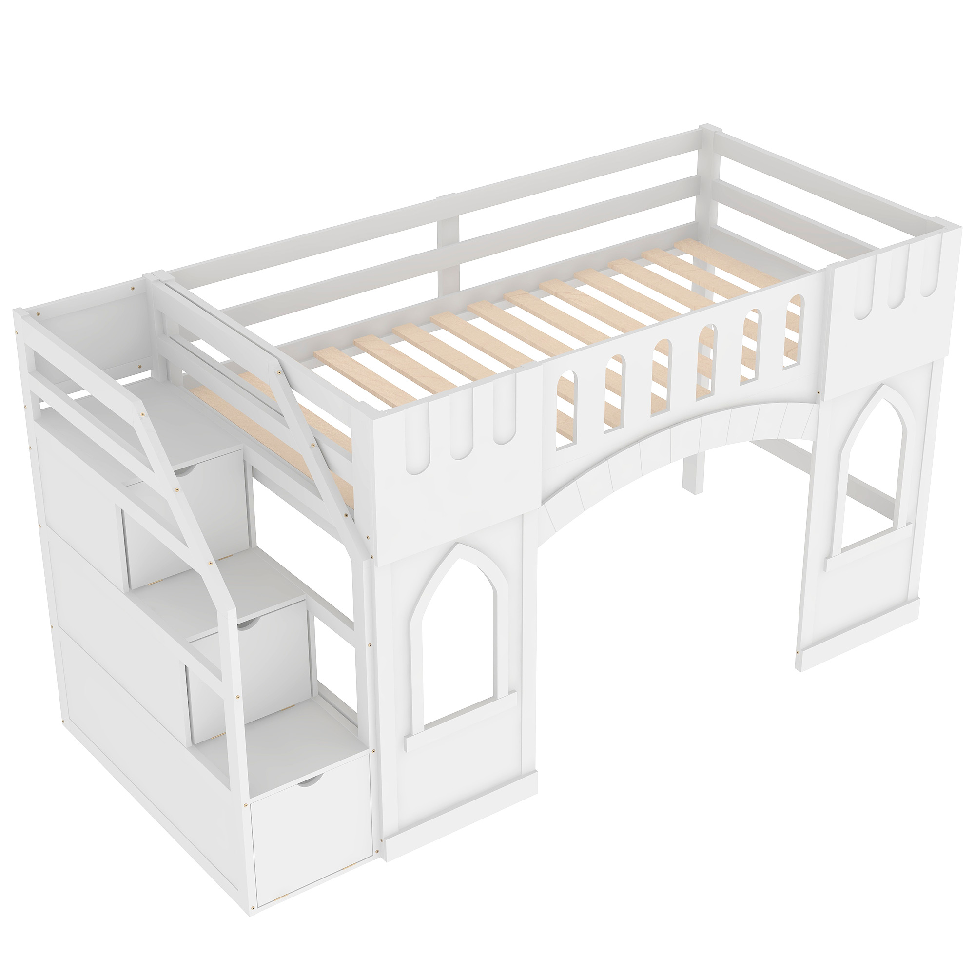 Twin Size Loft Bed with Storage Staircase and Window, White/Pink