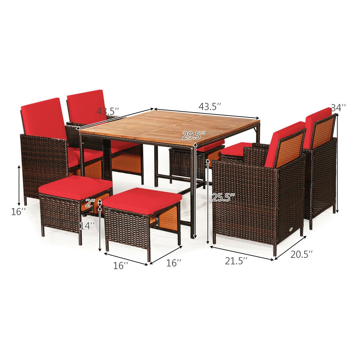 Mondawe 9PCS Patio Rattan Dining Cushioned Chairs Set-Red-Mondawe