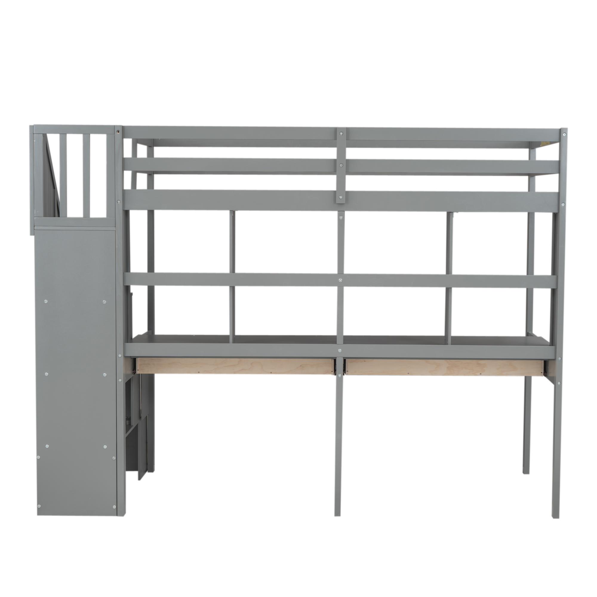 Twin Size Loft Bed Frame with Storage Staircase and Double Desks and Shelves,Gray/White