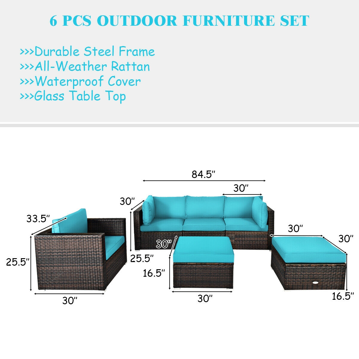 Mondawe 6 Pcs Patio Rattan Furniture Set with Sectional Cushion-Turquoise-Mondawe
