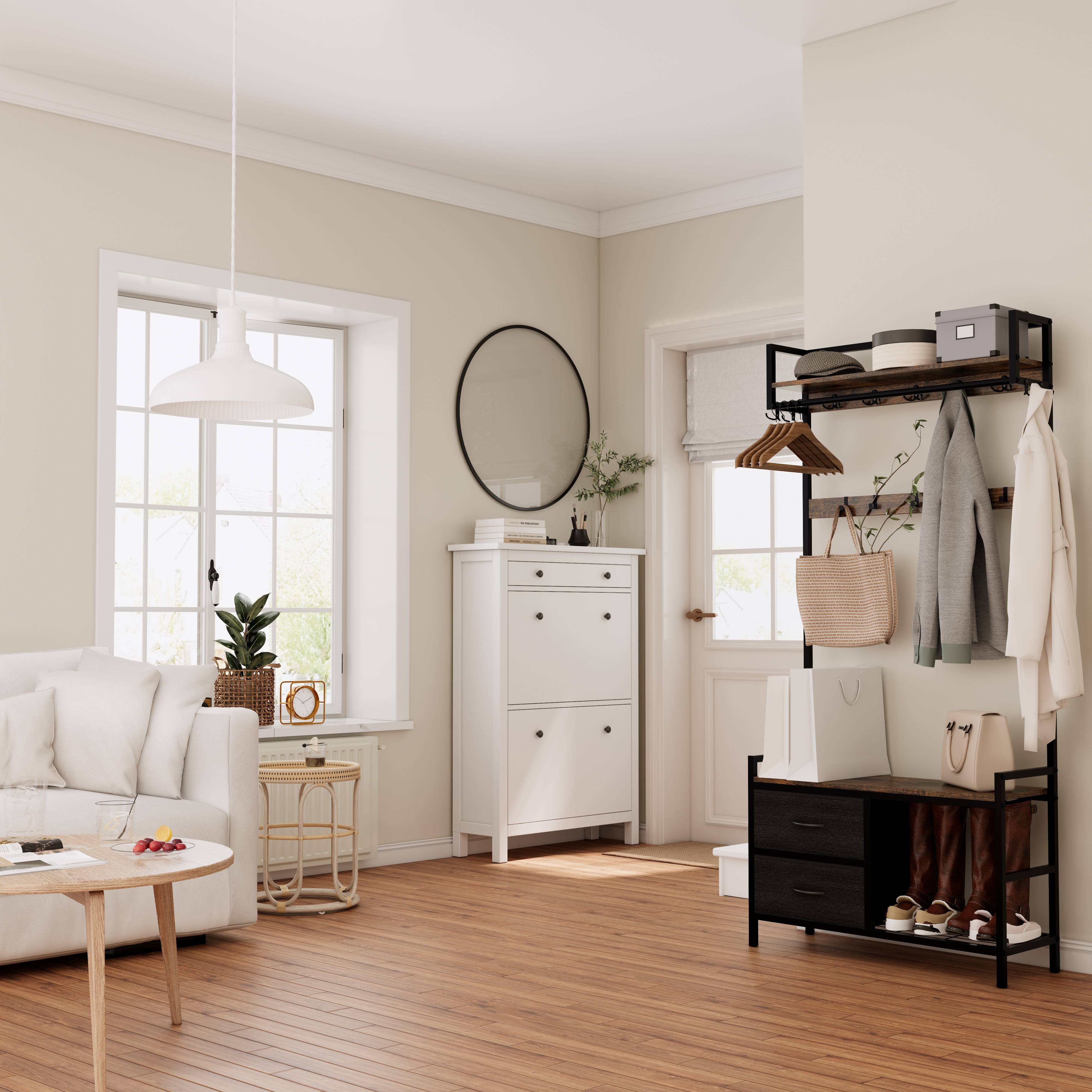 33.1" Wide Hall Tree with 2 Movable Drawers, Shoe Storage, Shelves and Garment Racks, 5-in-1 Entryway Bench with 23 Hooks (Fixed and Movable) 