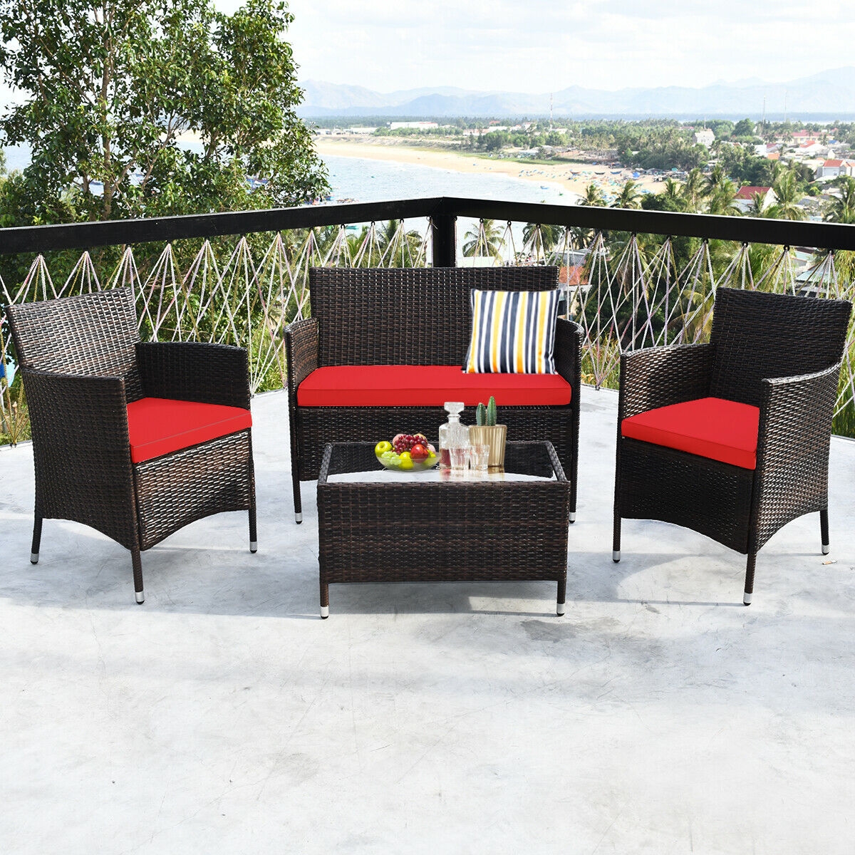 Mondawe 4 Pieces Rattan Outdoor Patio Conversation Furniture Set with Glass Table and Comfortable Wicker Sectional Sofa-Mondawe