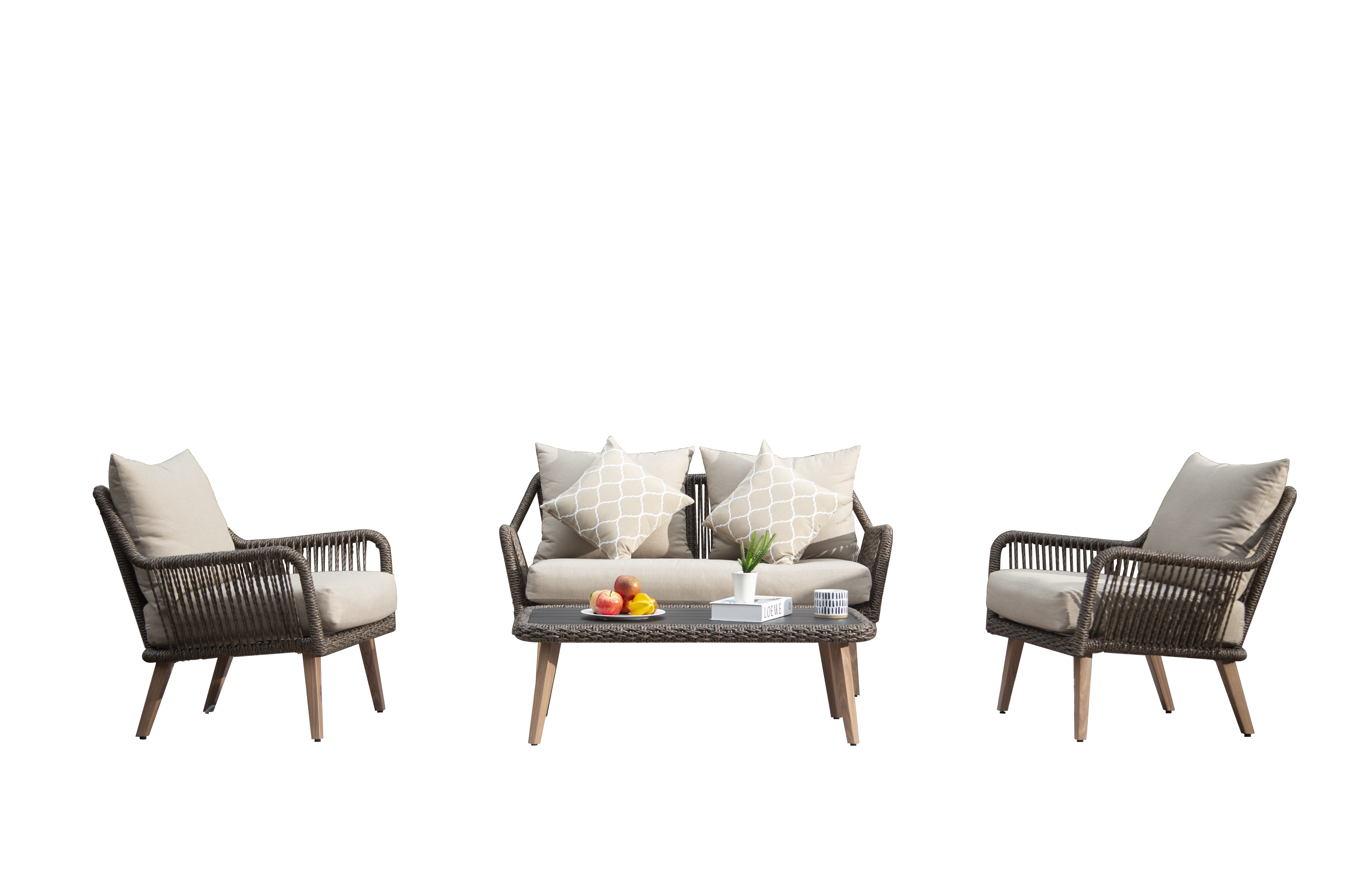 Patio Conversation Sets 4-Pieces, Handwoven Rattan Wicker Aluminum Frame Outdoor Patio Set, All-Weather Modern Rope Patio Loveseat with Coffee Table for Garden Balcony Deck Poolside Porch (Khaki)