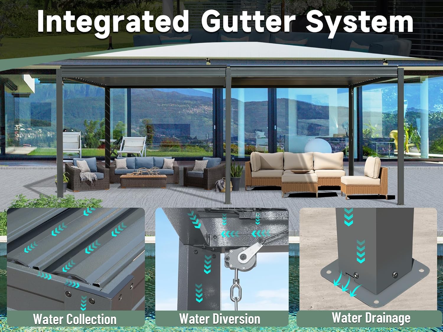 Louvered Pergola 10X20FT, Wood Grain Aluminum Pergola with Adjustable Roof, Wood Looking Aluminum Frame, Efficient Drainage System, Outdoor Pergola for Patio, Deck, Garden