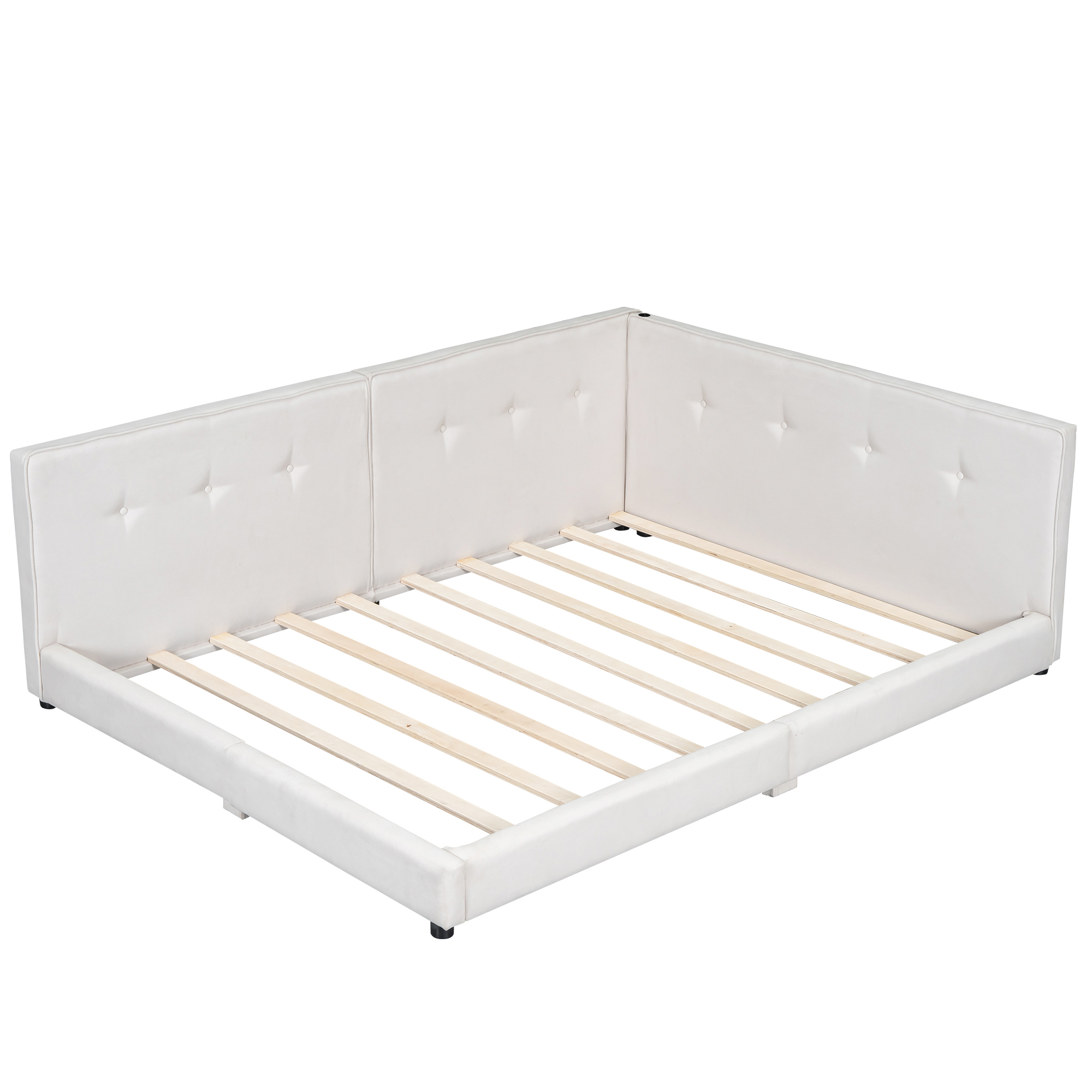 Upholstered Full/Queen Size platform bed with USB Ports, Beige 