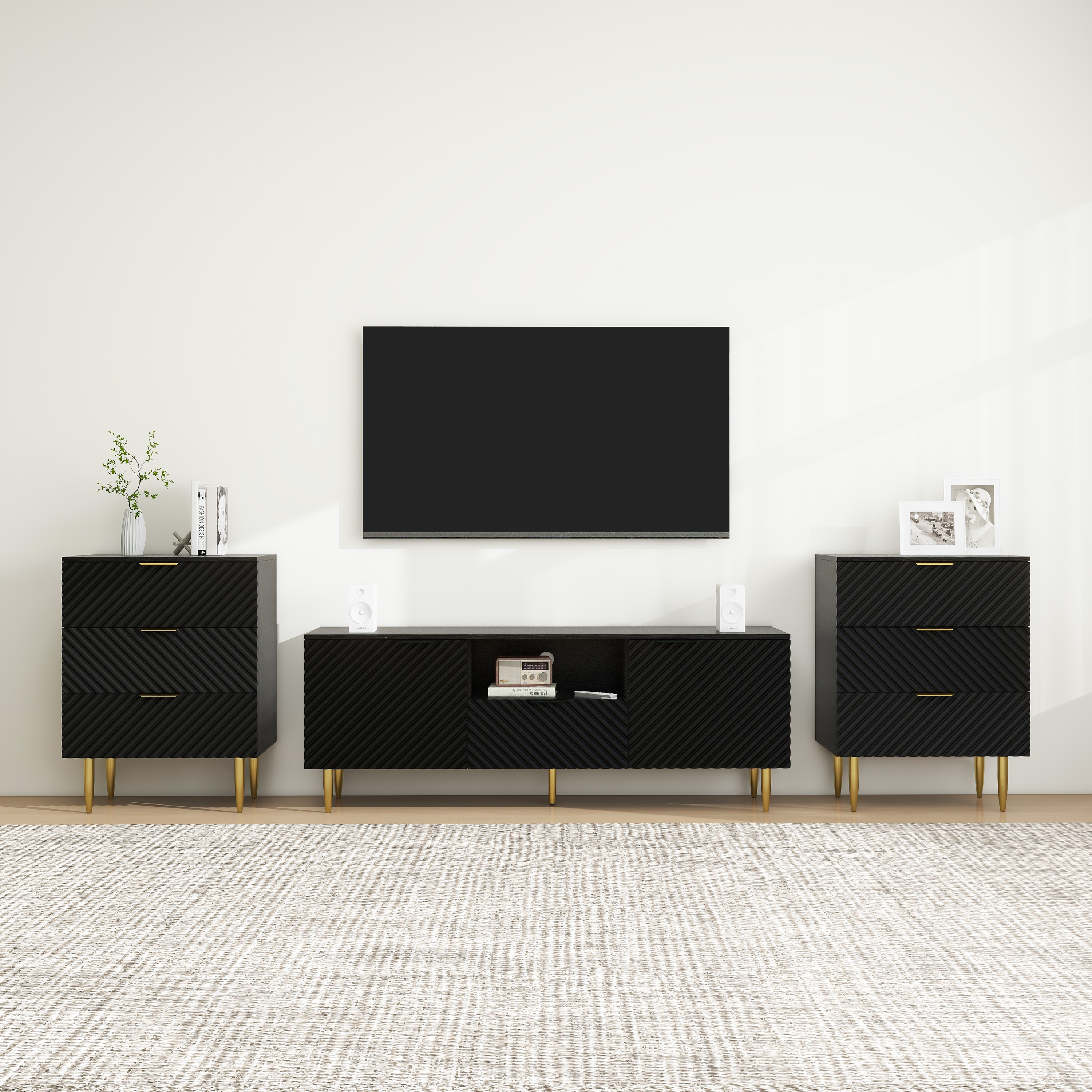 TV Stand with Solid Ion Feet, TV Console Table for Living Room, Bedroom, Black/Blue