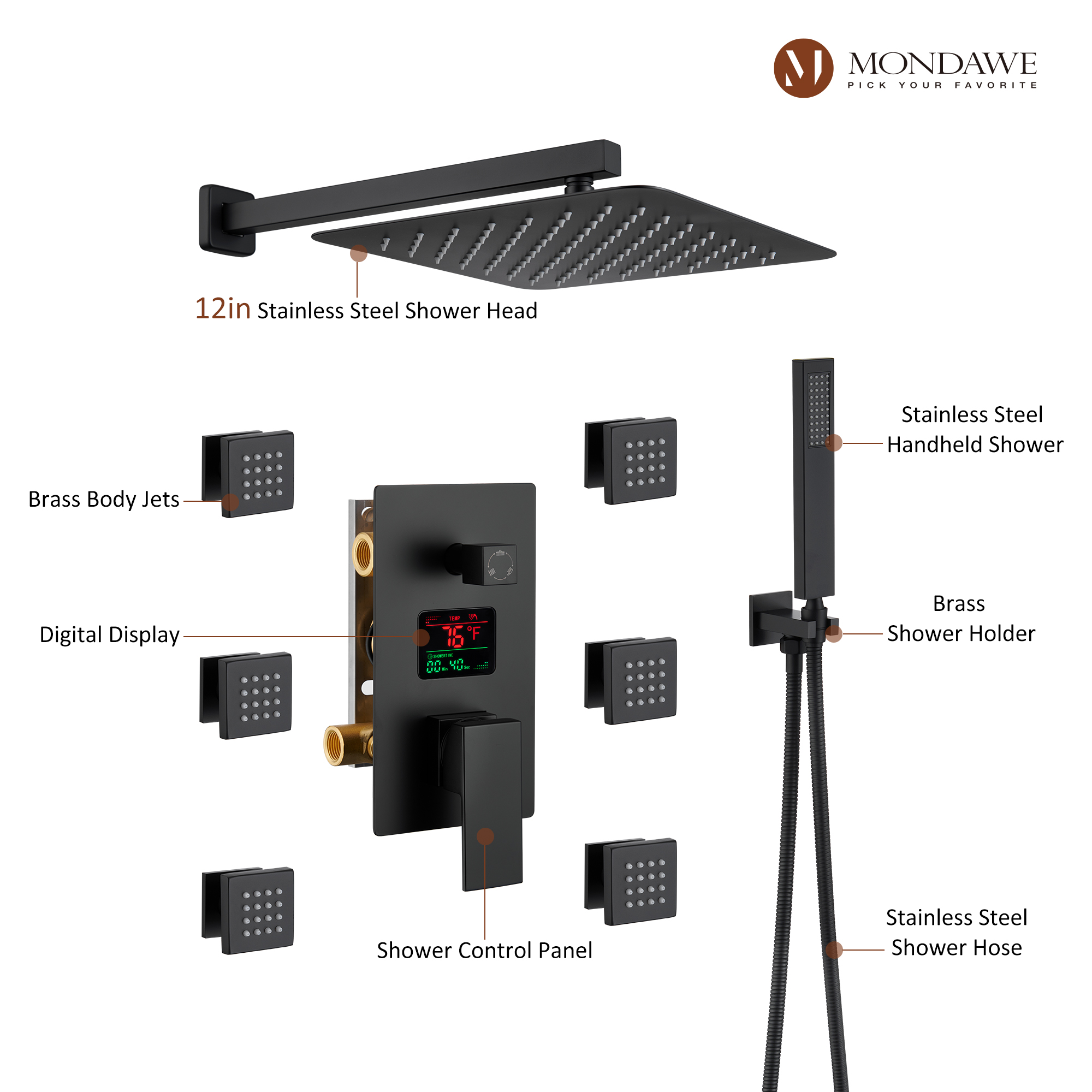 Mondawe Wall Mount Pressure Balanced Rain Shower Head System with Body Sprayers Handheld Shower and Digital Display-Mondawe