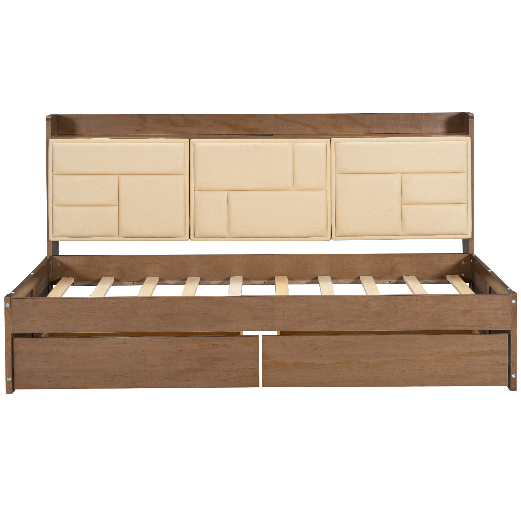 Full/Twin Size Wood Daybed with Upholstered Storage Shelves, USB Ports and 2 Drawers, Wood Color 