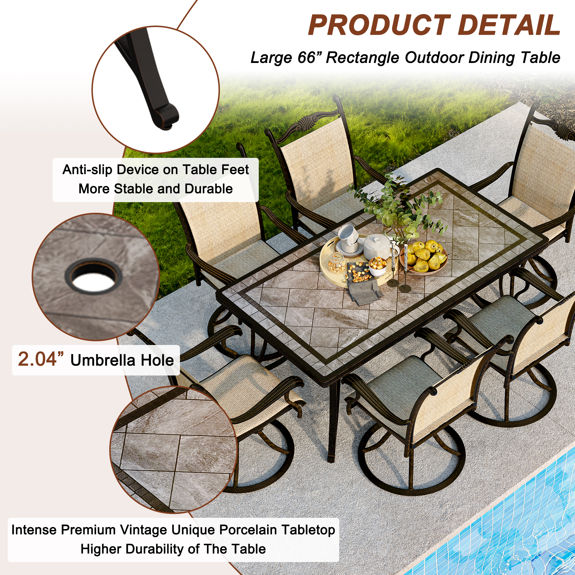 Boyelliving Gray Frame Rectangle Aluminum 28 in. H Outdoor Dining Table with Umbrella Hole and Dark Gold Finished-Boyelliving