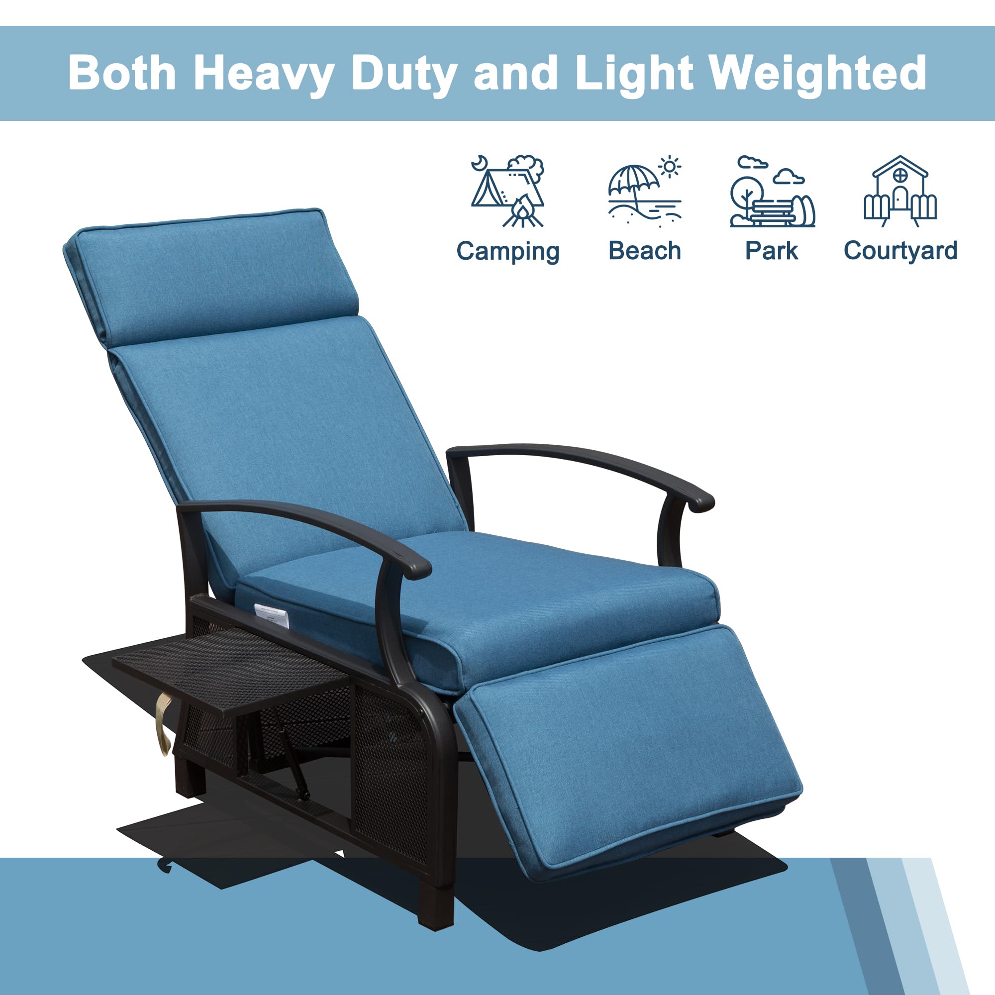 Adjustable Patio Recliner Chair Metal Outdoor Lounge Chair with Flip Table Push Back, Adjustable Angle, 6.8'' Removable Cushions, Support 350lbs, Beige/Gray/Navy Blue