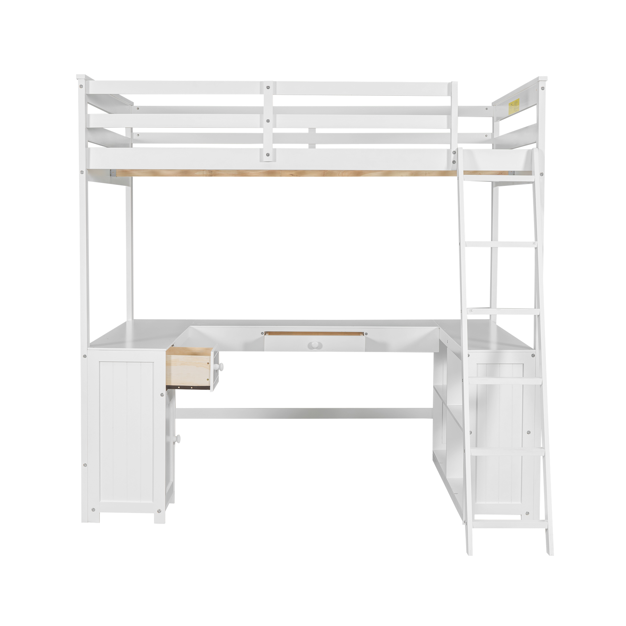 Full/Twin Size Loft Bed with U-shaped Desk, Drawers and Storage Shelves, White/Antique Brown 