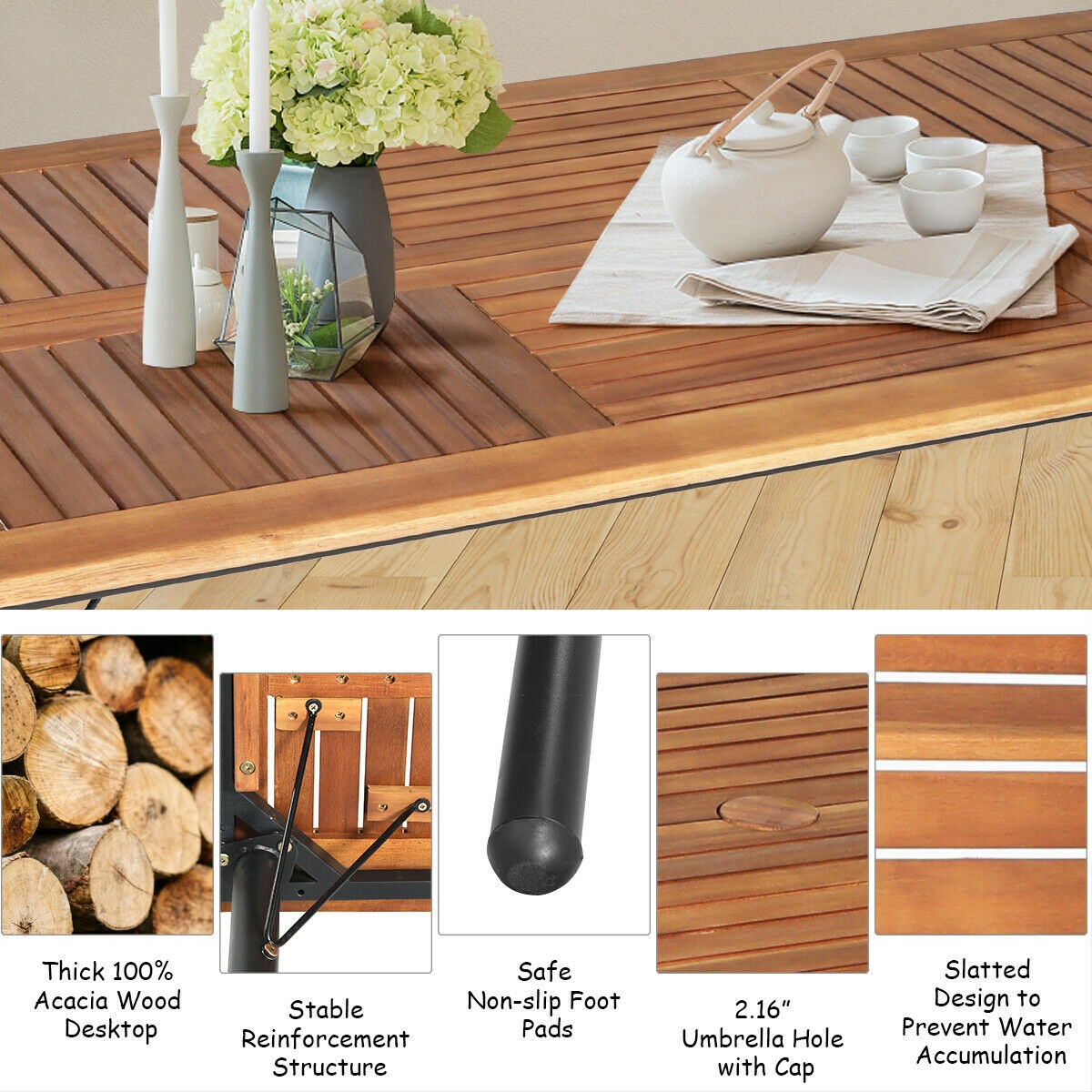 Mondawe 7Pcs Patio Rattan Cushioned Dining Set with Umbrella Hole-Navy-Mondawe