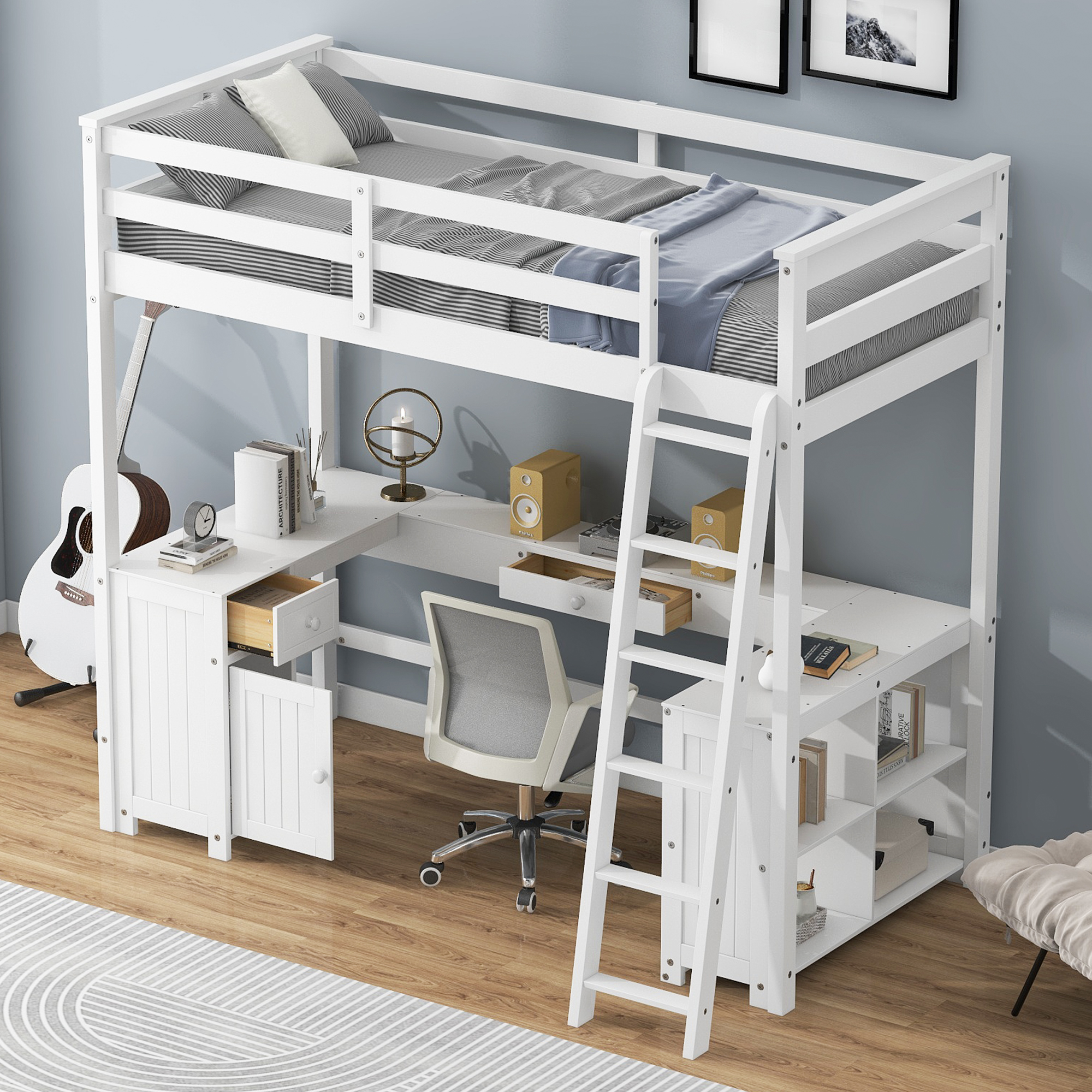 Full/Twin Size Loft Bed with U-shaped Desk, Drawers and Storage Shelves, White/Antique Brown 