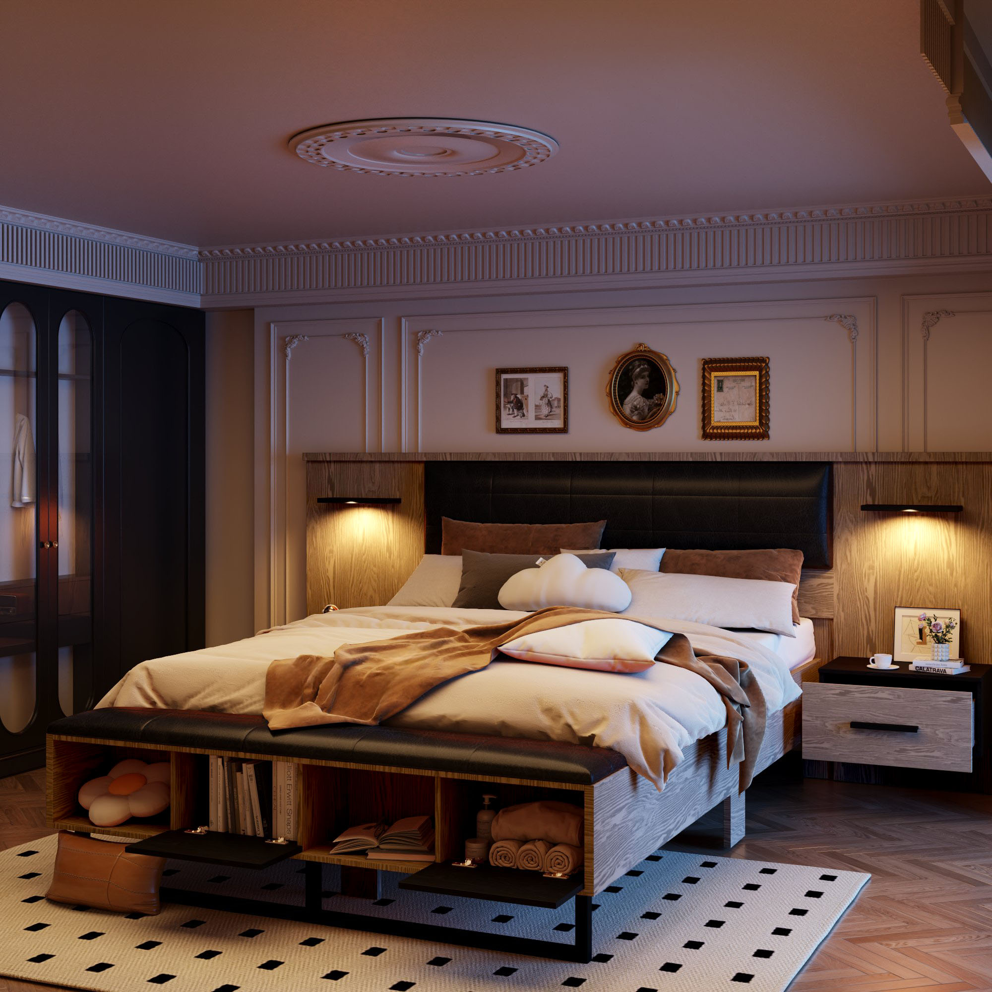 Queen Size Wood Platform Bed with Upholstered Headboard, Lights and Storage Nightstand, Bench, Walnut 