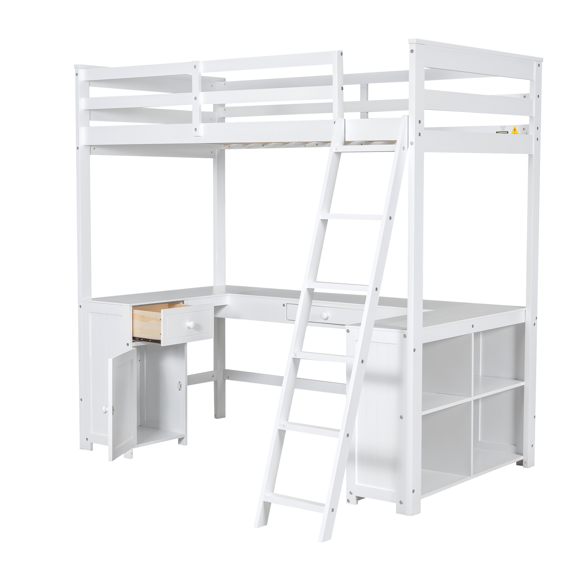 Full/Twin Size Loft Bed with U-shaped Desk, Drawers and Storage Shelves, White/Antique Brown 