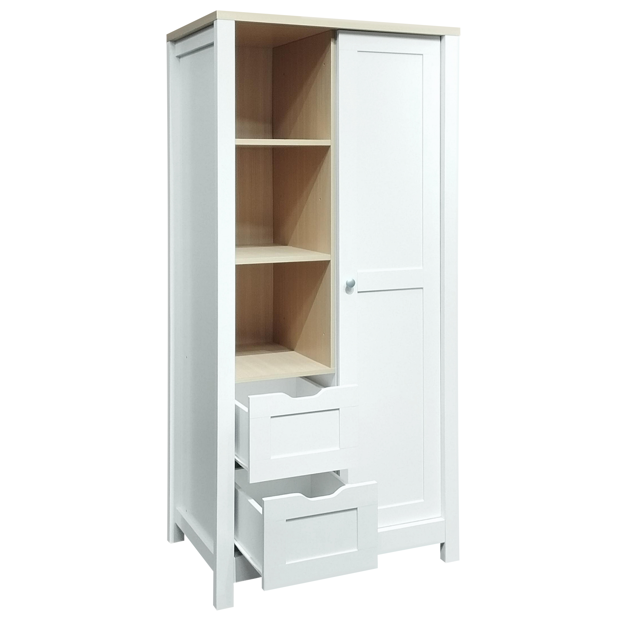 Bedroom Storage Wardrobe with Hanging Rods and 2 Drawers and Open Shelves,Sliding Door,White 