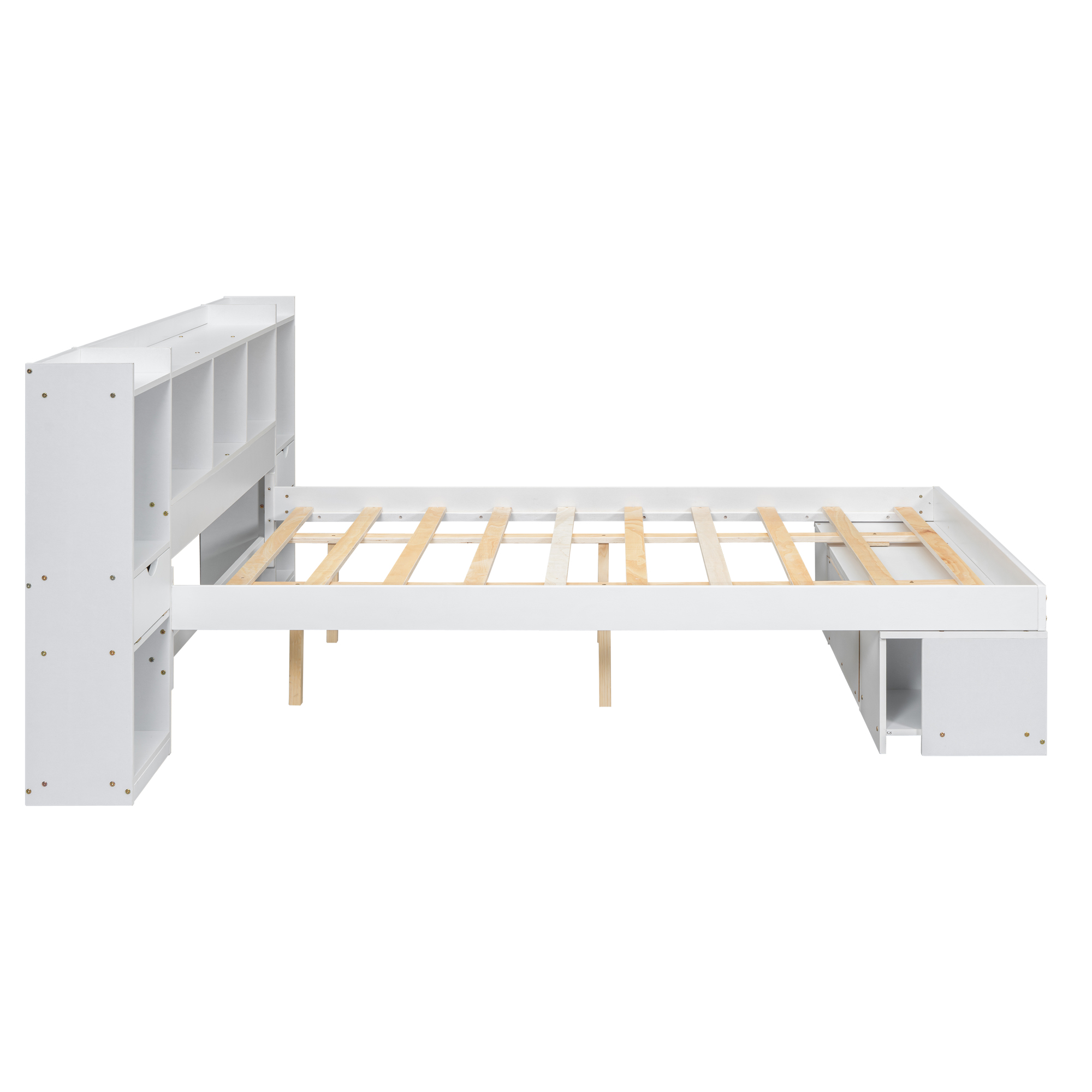 Queen Size Wood Platform Bed with Multi-storage Headboard and a Drawer, White/Gray