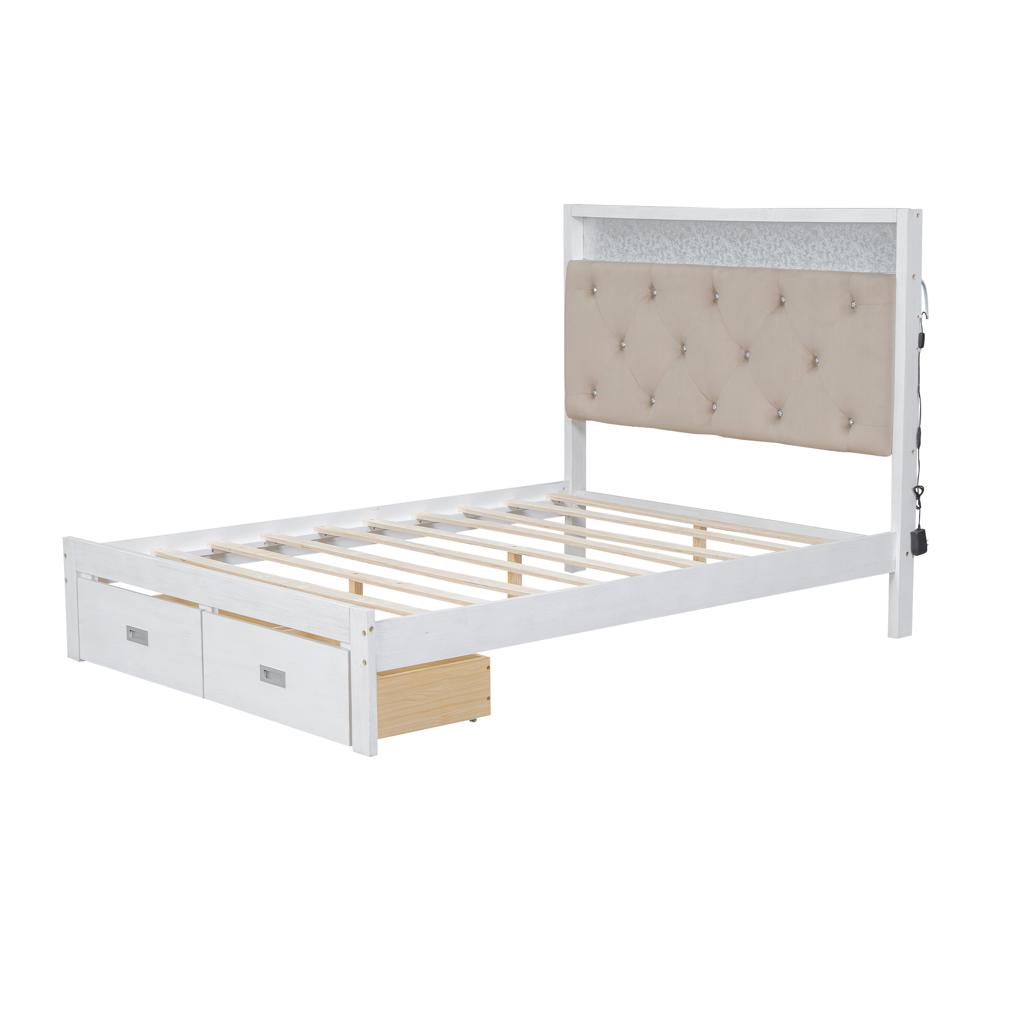 Wood Queen/Full Size Platform Bed with Upholstered Headboard and LED and 2 Drawers, Antique White 