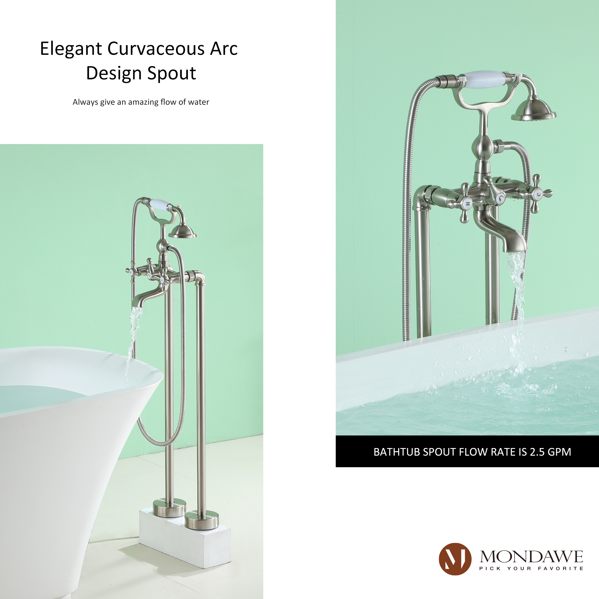 Mondawe 3-Handle Traditional Freestanding Bathtub Faucet(Brush Nickel)-Mondawe