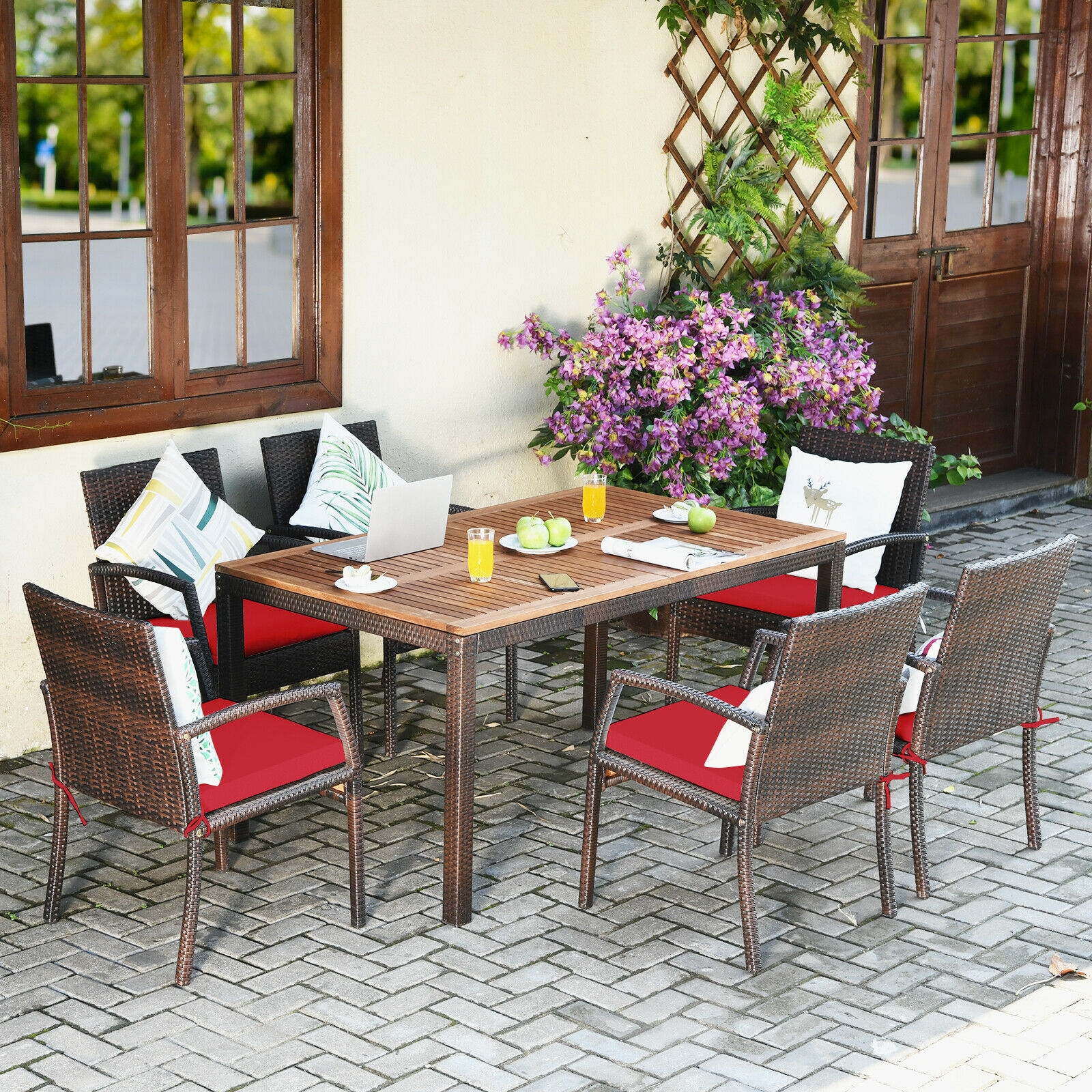 Mondawe 7Pcs Patio Rattan Cushioned Dining Set with Umbrella Hole-Red-Mondawe