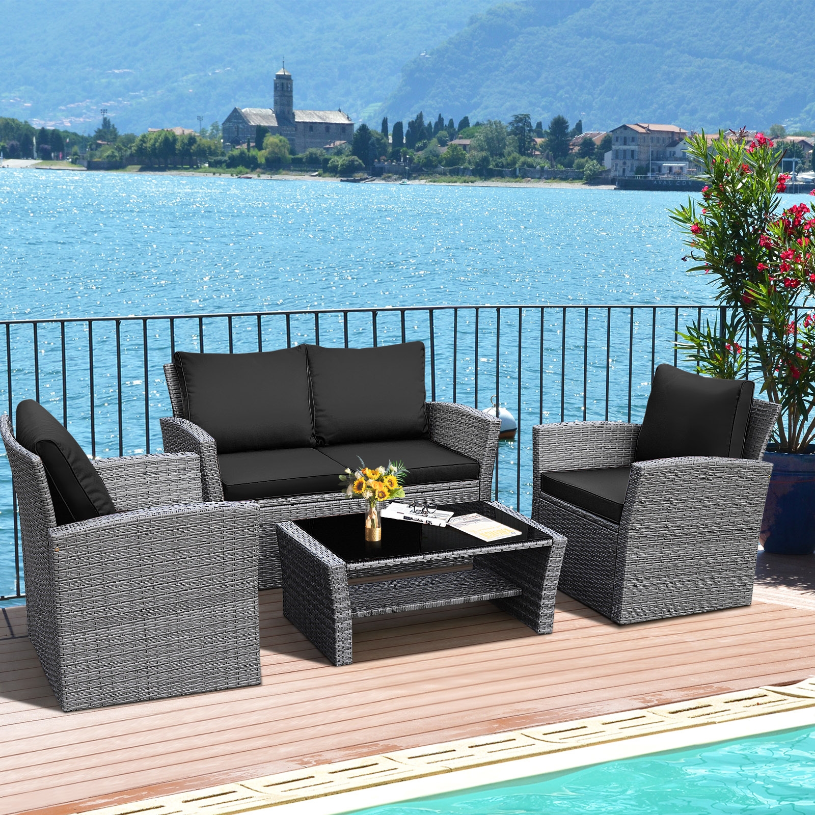 Mondawe 4 Pcs Patio Rattan Furniture Set Sofa Table with Storage Shelf Cushion-Black-Mondawe