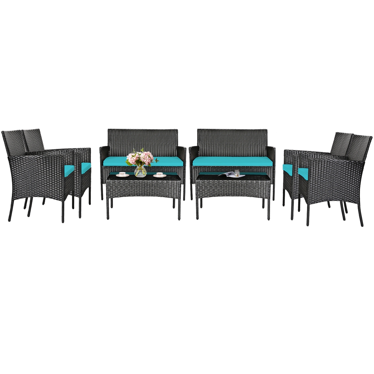 Mondawe 4 Pcs Patio Rattan Cushioned Sofa Furniture Set with Tempered Glass Coffee Table-Turquoise-Mondawe