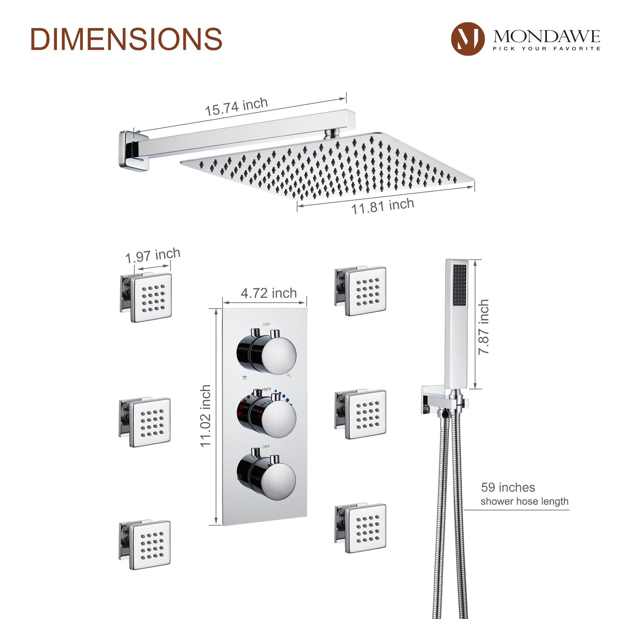 Mondawe Wall Mount Thermostatic Rain Head Shower System with Handheld Shower and Wall Body Jets-Mondawe