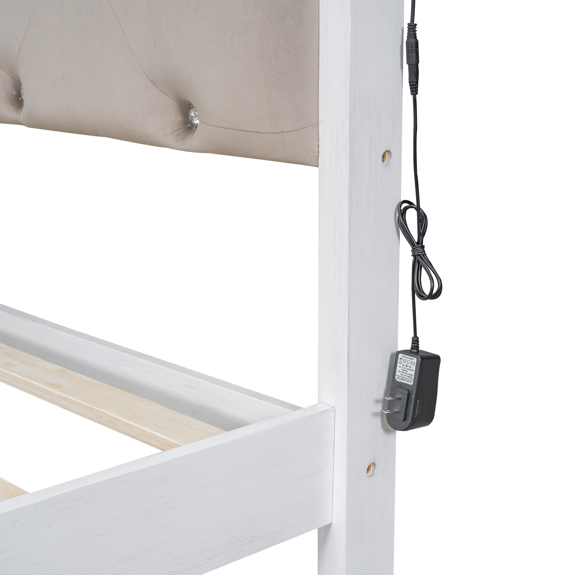 Wood Queen/Full Size Platform Bed with Upholstered Headboard and LED and 2 Drawers, Antique White 