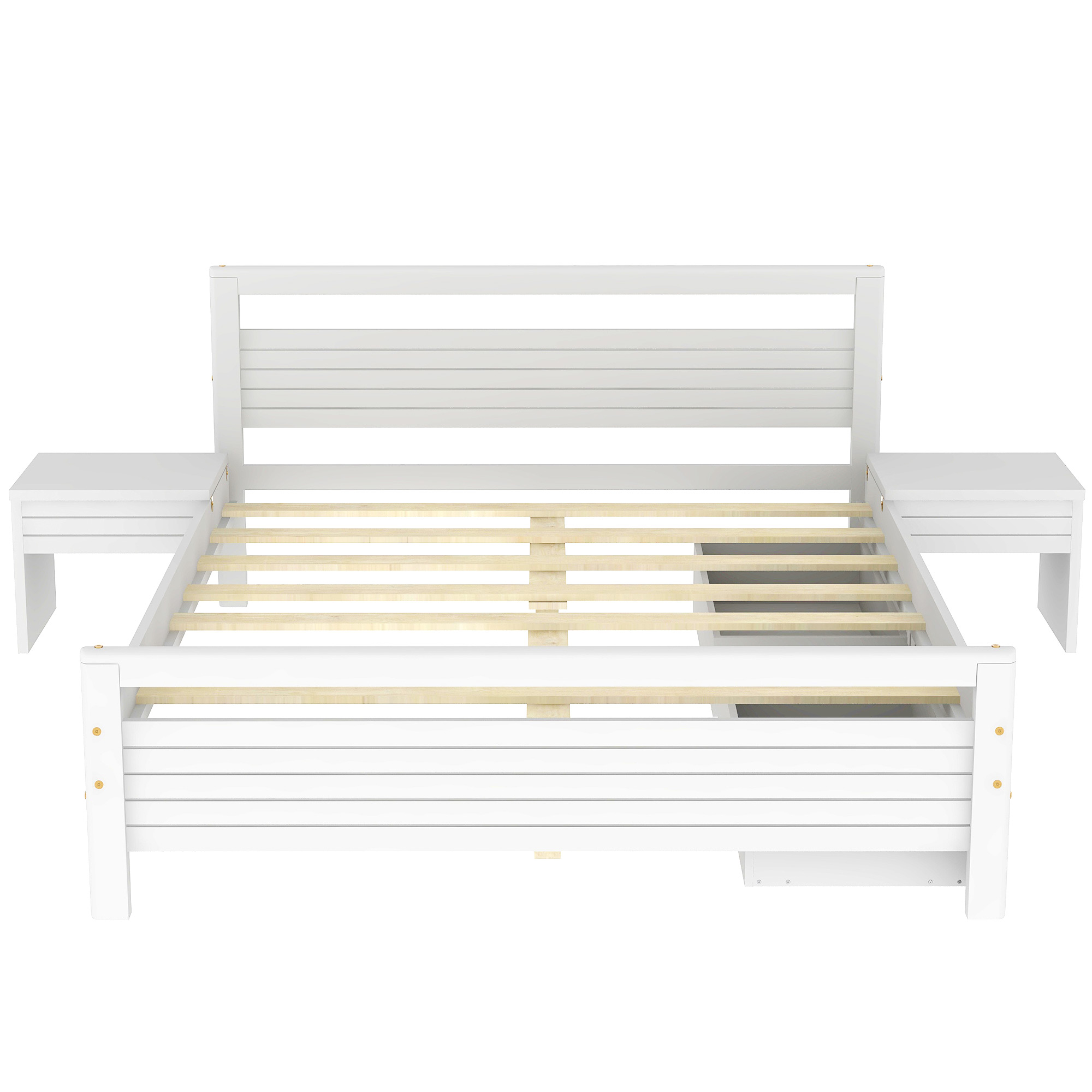 Queen Size Wooden Platform Bed with 2 Storage Drawers and 2 bedside tables, Gray/White 