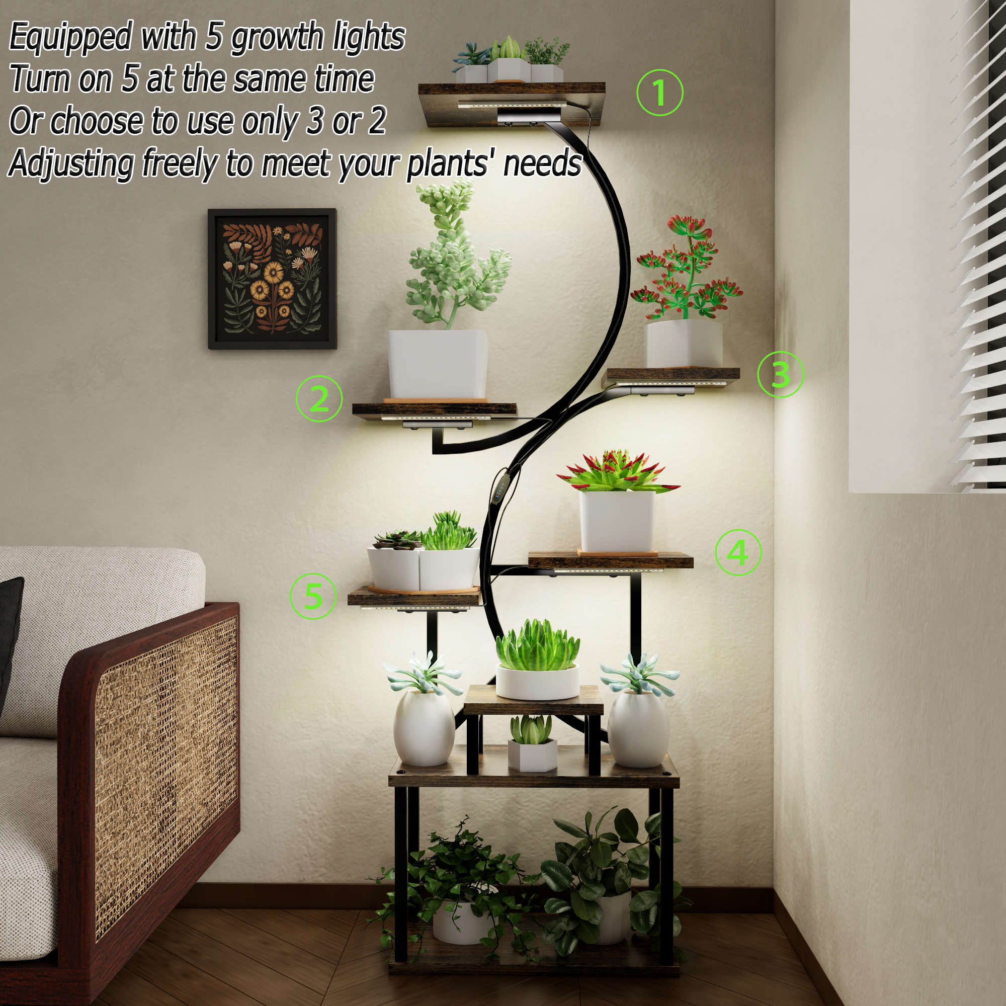 8-Tiered Indoor Plant Stand with 5 Grow Lights, 10-Level Stepless Dimm