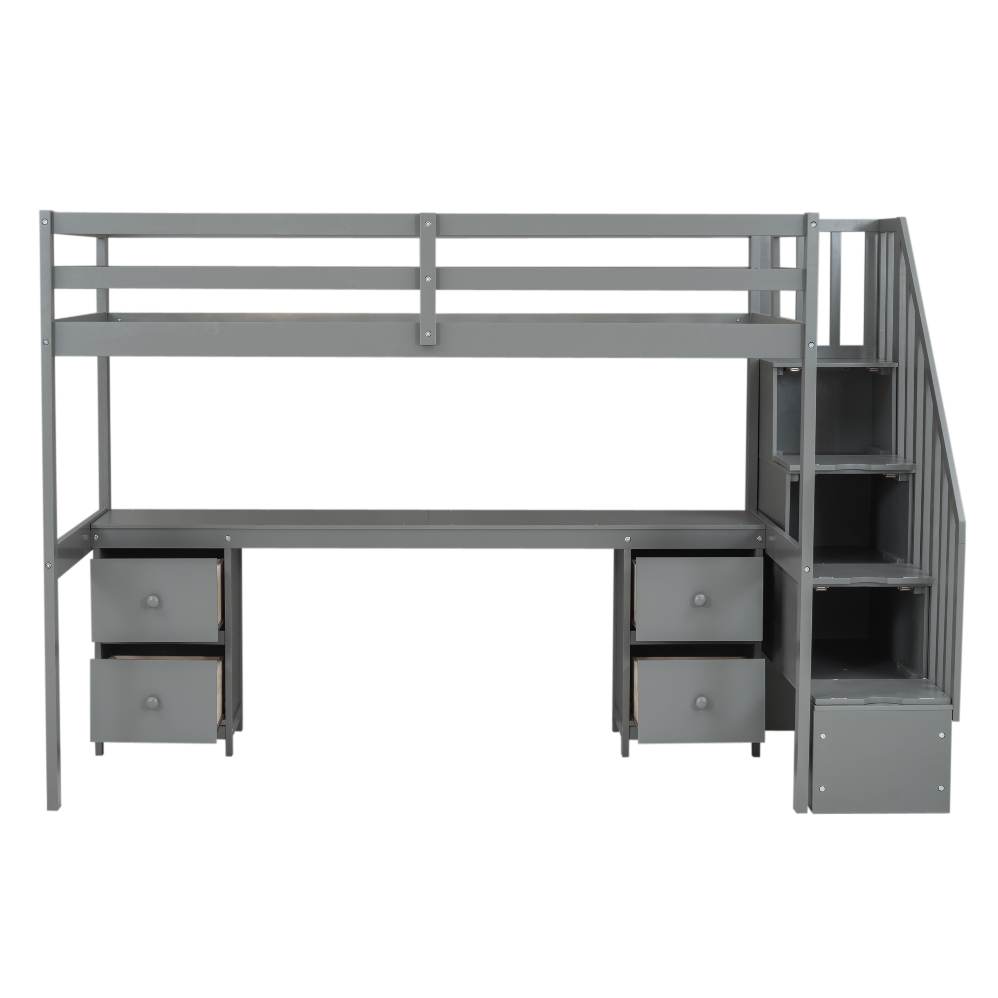 Twin Size Loft Bed Frame with Built-in Desk and Double Storage Drawers,White/Gray