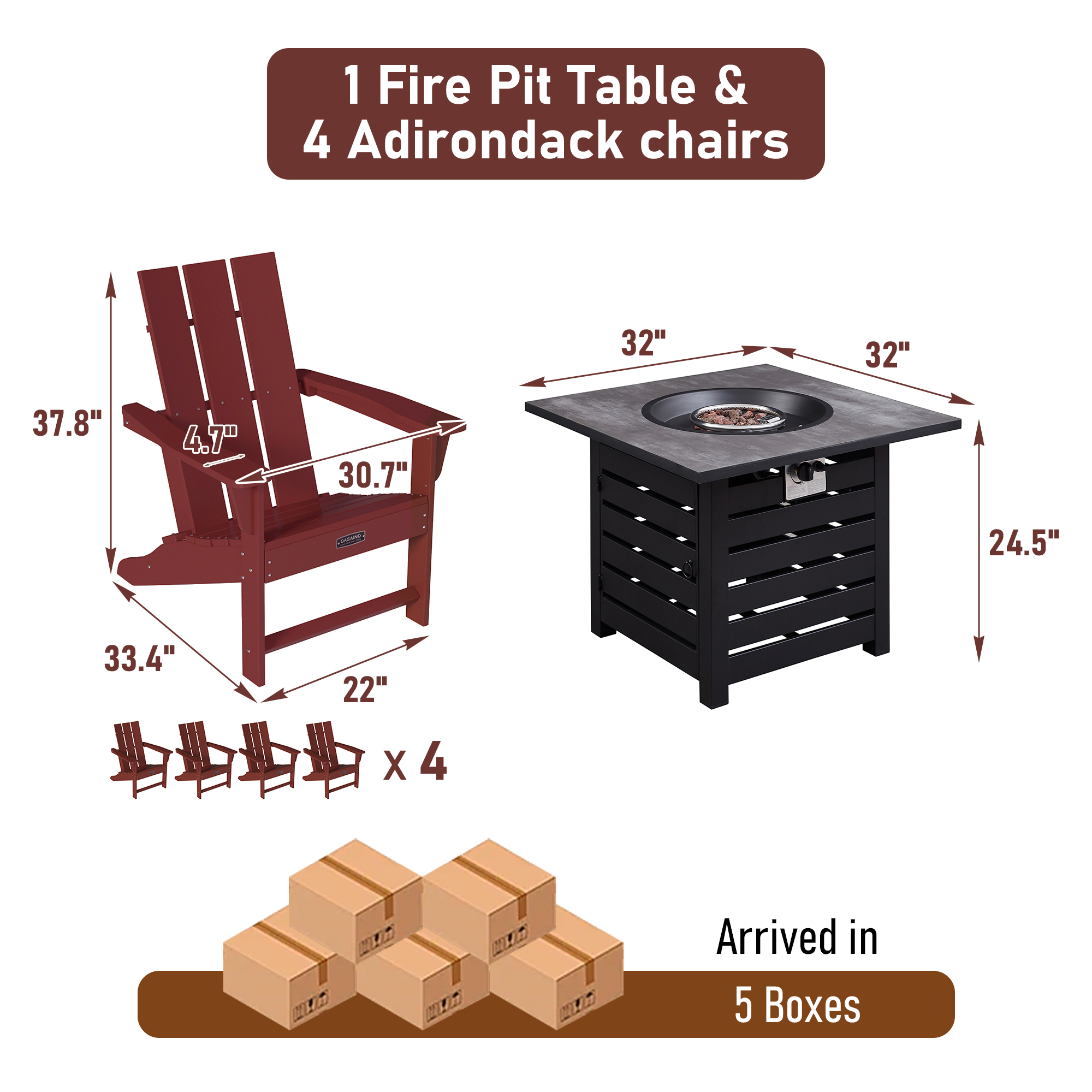5-Piece / 3-Piece  HDPE Adirondack Chairs Outdoor Conversation Set with 32-inch Propane Fire Pit Table