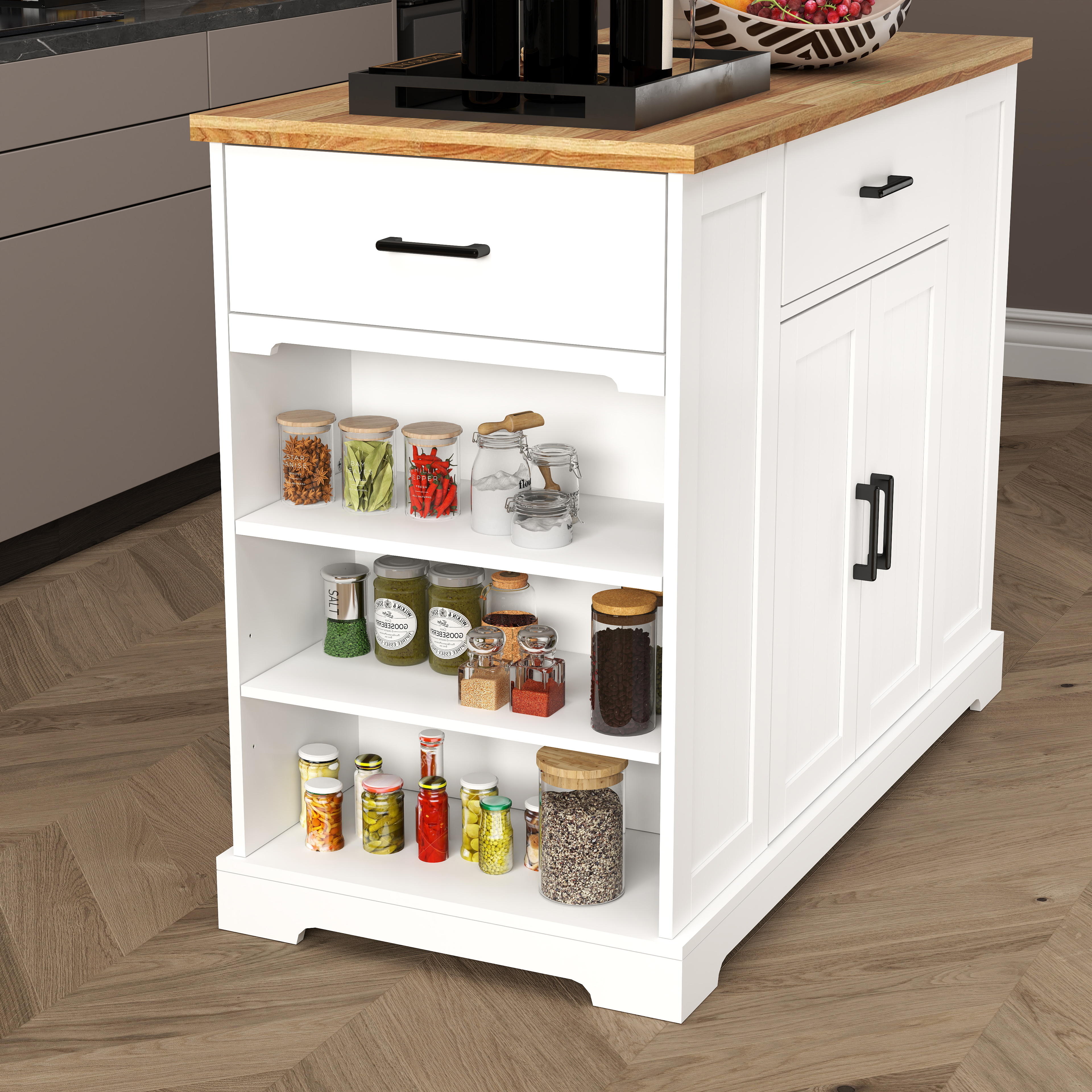 46.2'' Multi-Storage Kitchen Island with Rubber Wood Tabletop, Large Farmhouse Kitchen Cart with Adjustable Shelves and Drawers, Dinning Table Bar with Storage Cabinet for Kitchen 