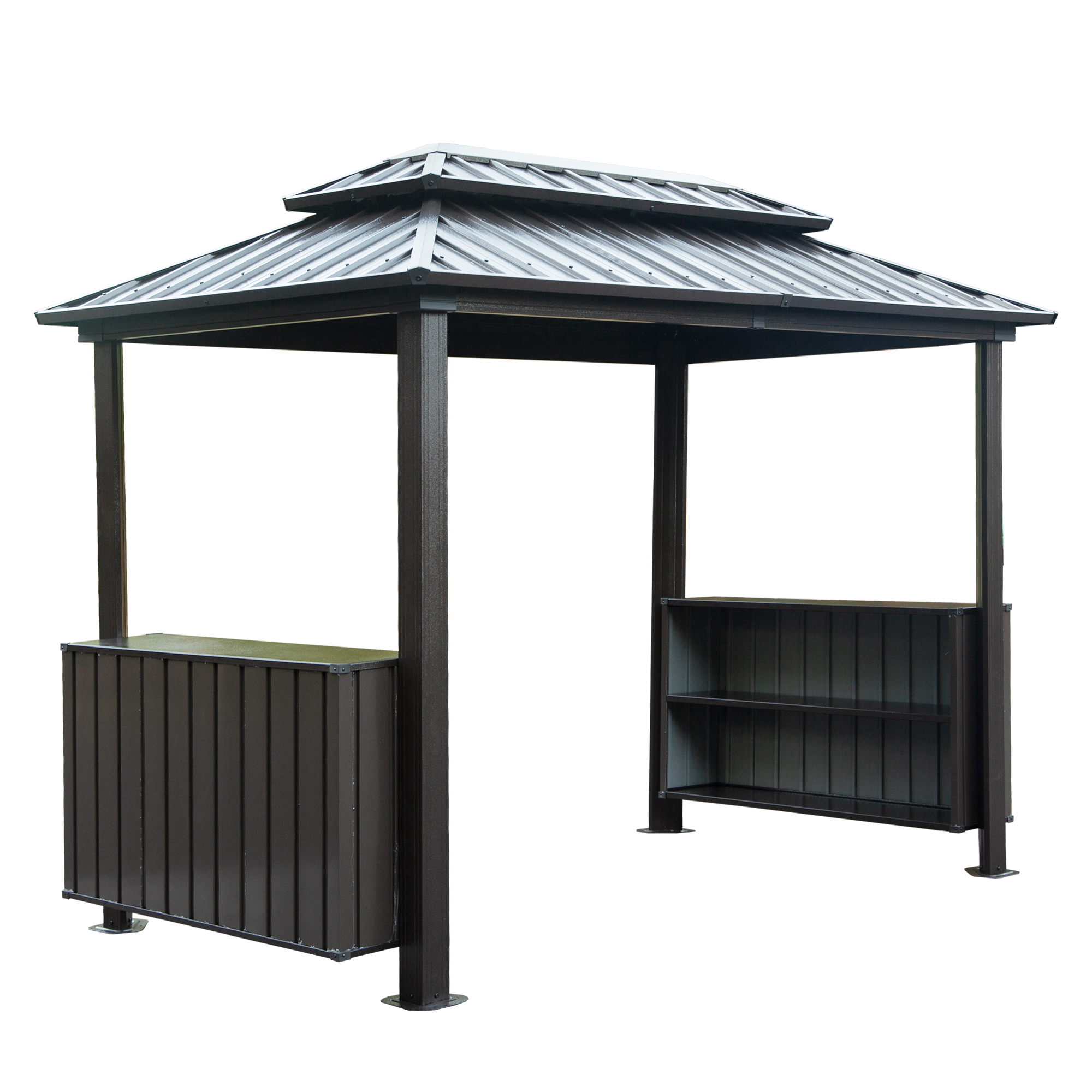 Hardtop Grill Gazebo, Outdoor BBQ Gazebo with 2 Side Shelves and Sloping Galvanized Steel Roof, Metal Permanent Grill Canopy with Ceiling Hooks for Patio, Lawn, Backyard, Deck