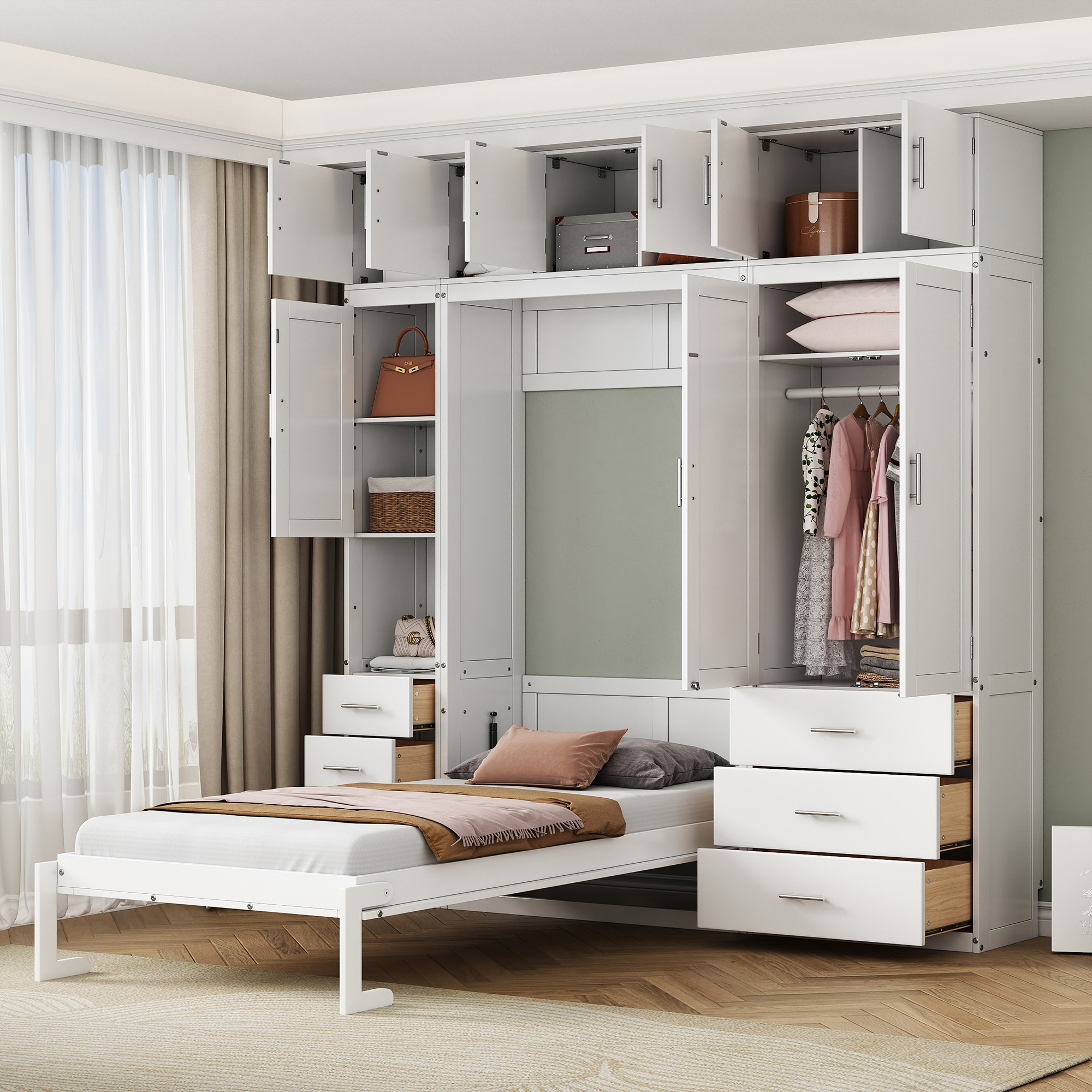 Full/Twin Size Murphy Bed with Lockers and Wardrobes, With installation video, White 
