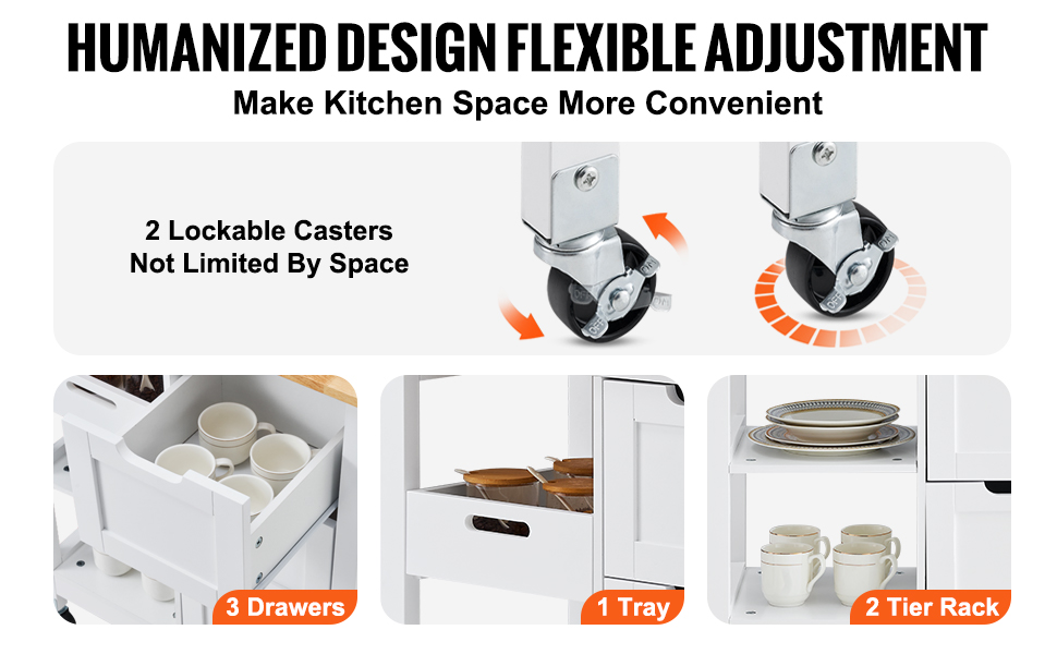 Rolling Portable Small Kitchen Island Cart on Wheels with Solid Wood Top, Dining Room Serving Utility Carts Mobile Movable with 3 Drawers and Storage Shelves Cabinet, White 