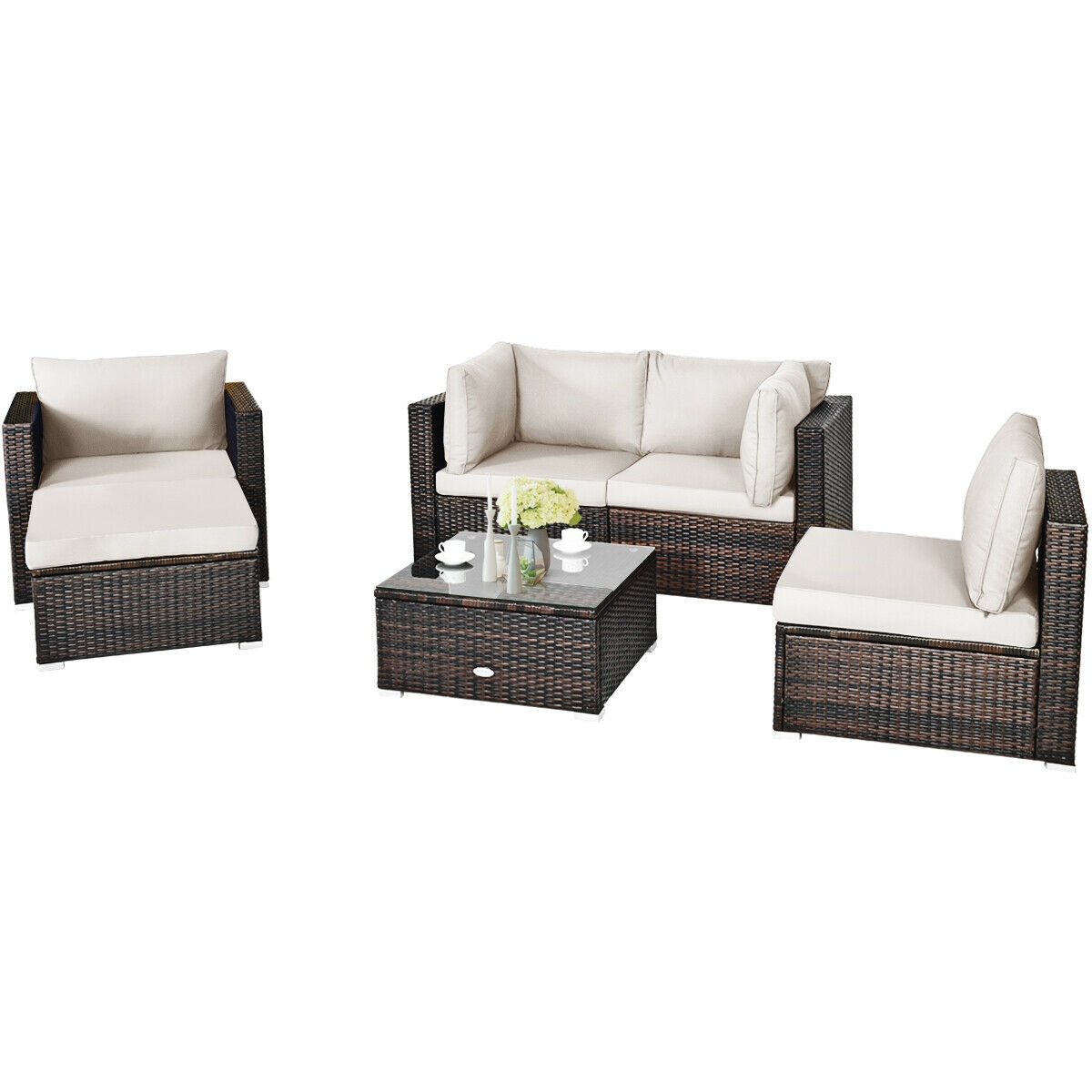 Mondawe 6 Pcs Patio Rattan Furniture Set with Sectional Cushion-White-Mondawe
