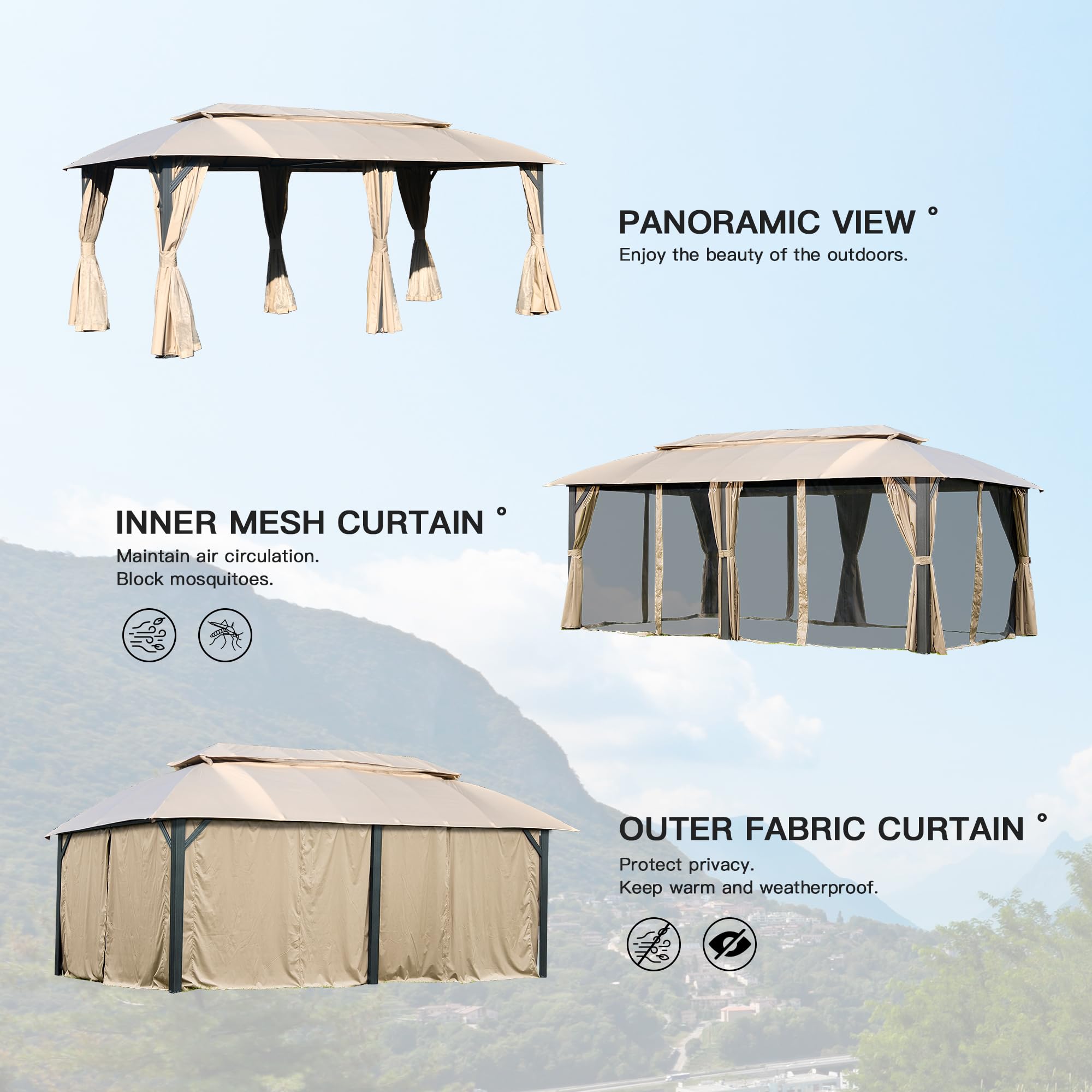 Outdoor Gazebo with Double Roofs, Privacy Curtains, Mosquito Nettings, Heavy Duty Metal Frame Party Tent Canopy for Patio, Backyard, Deck, Lawn