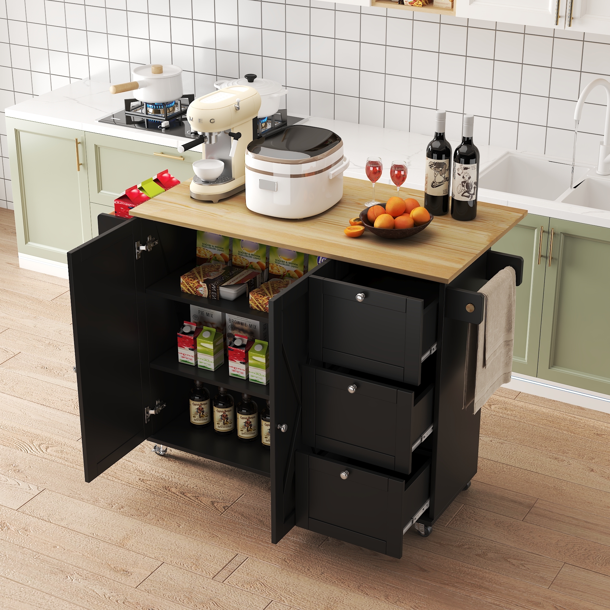 45.4" Farmhouse Black Rolling Kitchen Cart on Wheels with Storage Cabinet, Mobile Kitchen Island cart with Drop Leaf Top, Spice Rack, Towel Bar, Adjustable Shelf, Drawers and Hooks 