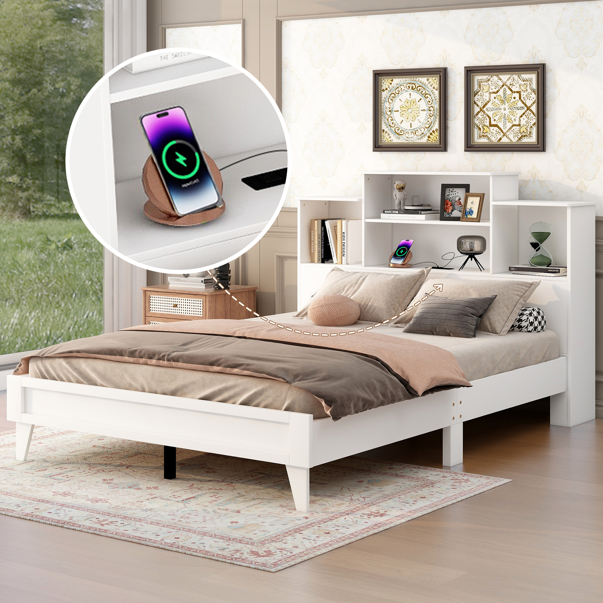 Queen Size Storage Platform Bed Frame with 4 Open Storage Shelves and USB Charging Design,White 