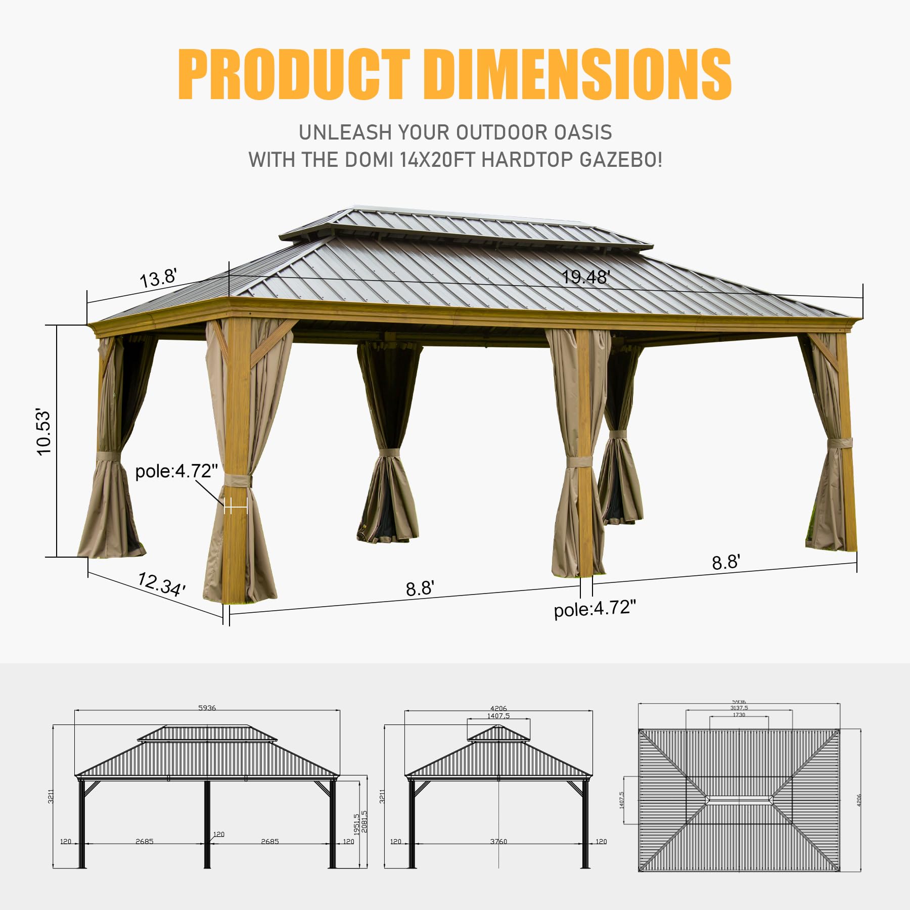 Outdoor Living 14x20FT Hardtop Gazebo, Permanent Metal Gazebo with Galvanized Steel Double Roof and Aluminum Frame, Curtain and Netting, Large Pavilion Gazebo, Wood Looking