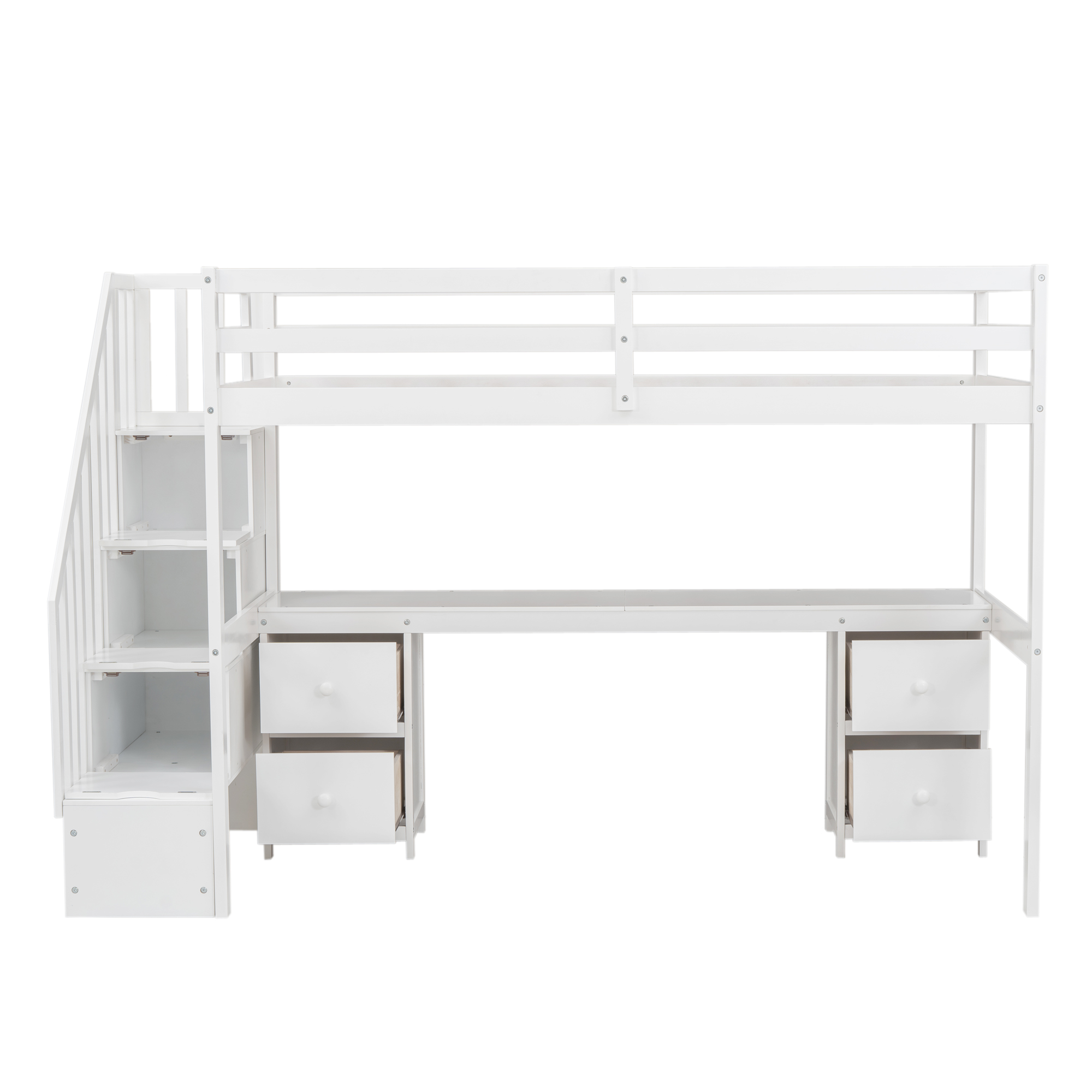 Twin Size Loft Bed Frame with Built-in Desk and Double Storage Drawers,White/Gray