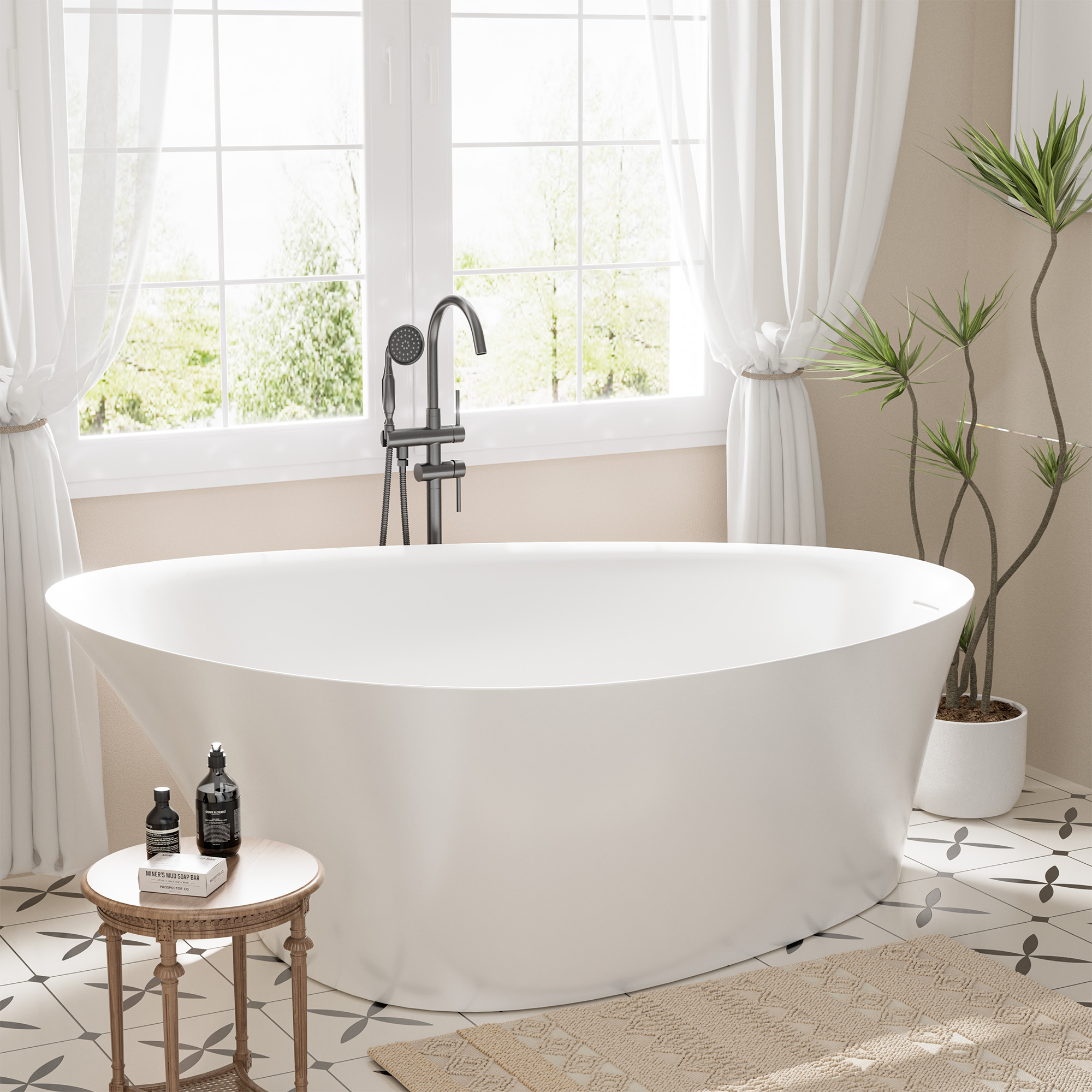 Boyel Living Matte white 65-inch artificial stone freestanding bathtub, can match any decoration style, 65"(L) x 37"(W) x 24"(H)