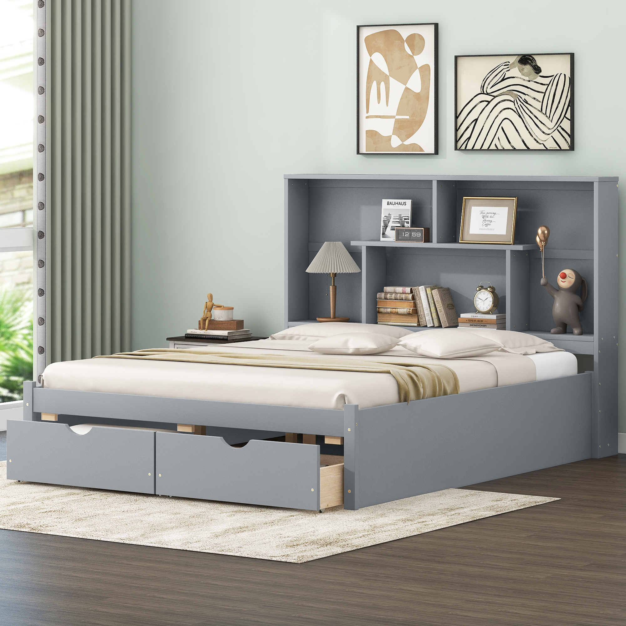 Full/Queen Size Platform Bed with Storage Headboard and 2 Drawers, Gray/White