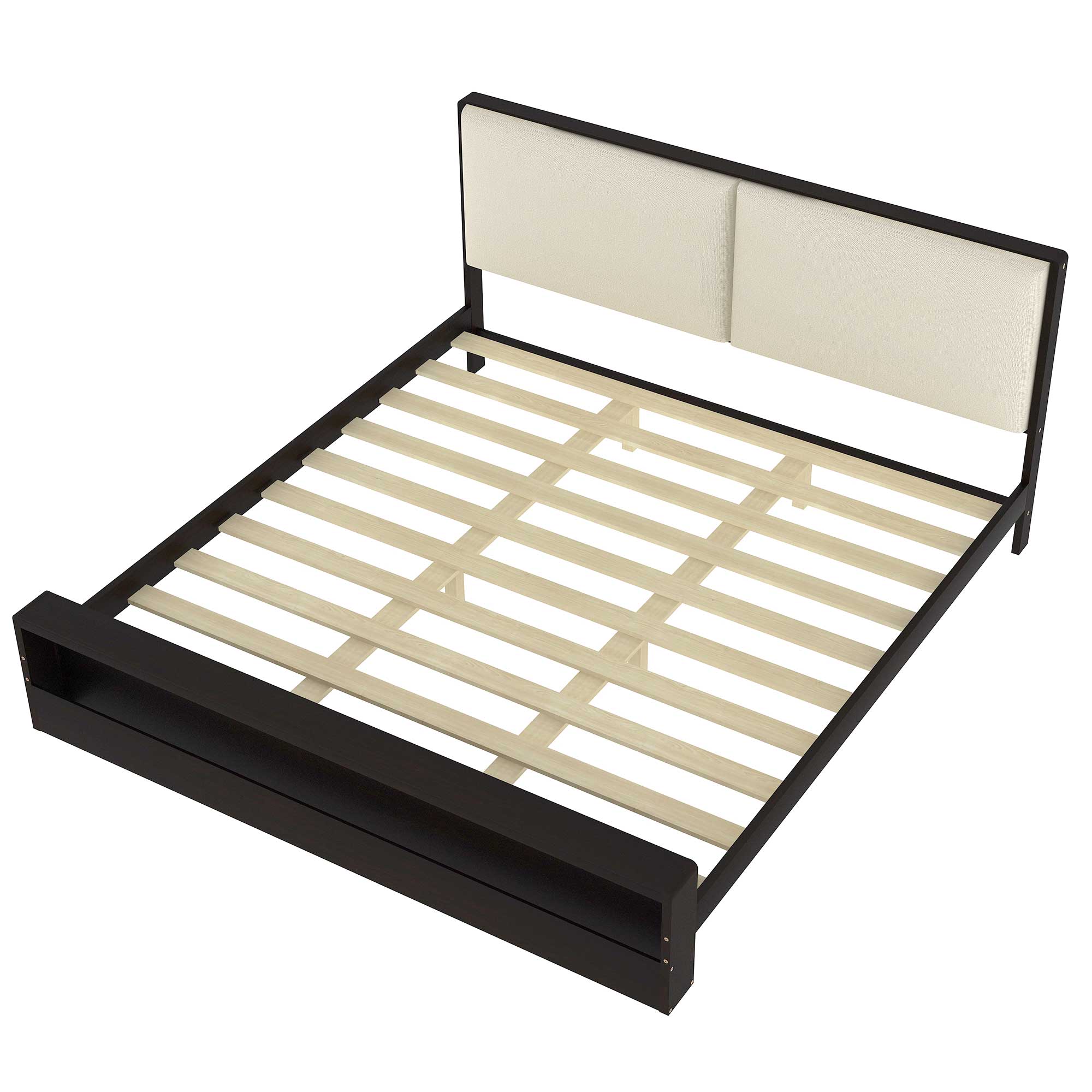 King/Queen Size Platform Bed Frame with Upholstery Headboard and Bookshelf in Footboard and LED Light Strips, Espresso